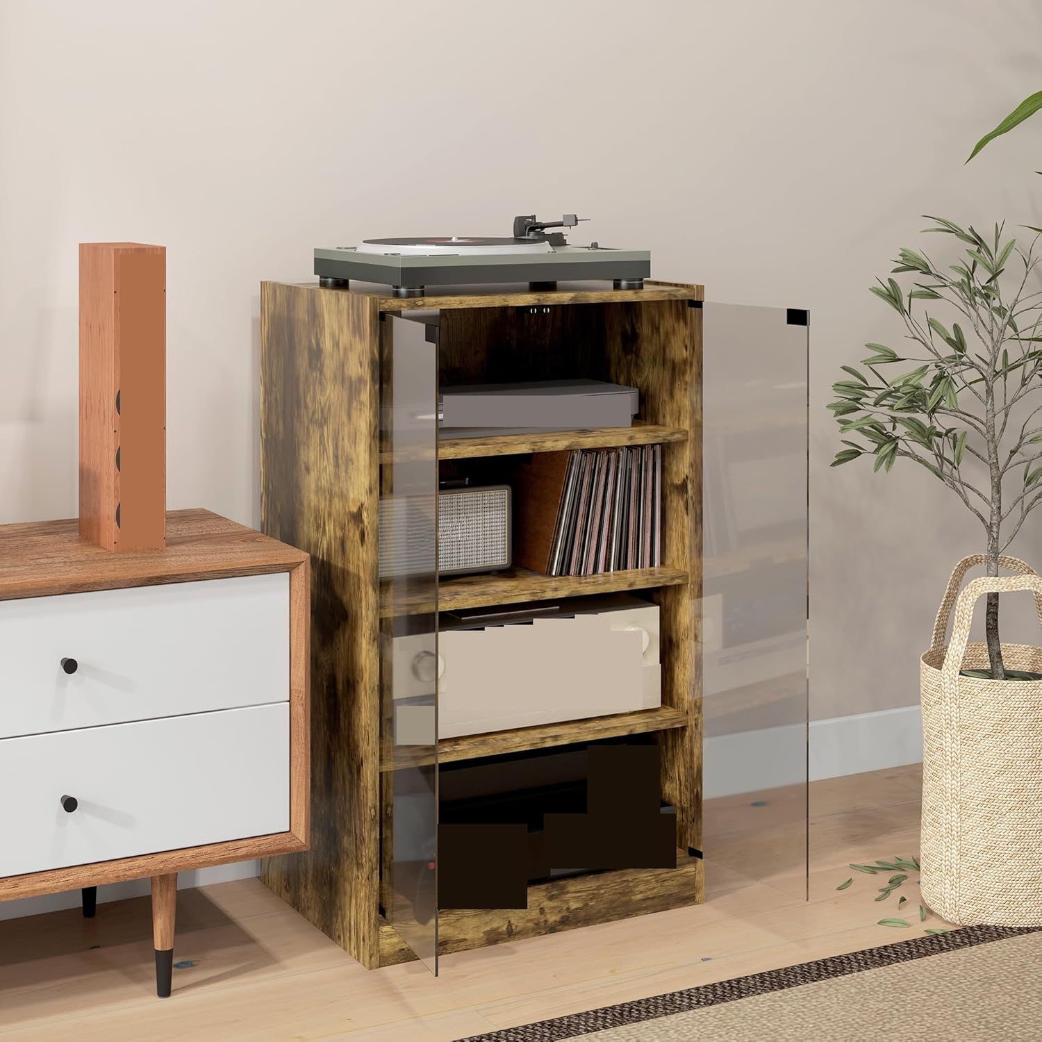 Retro Media Cabinet with 4-Tier Stereo
