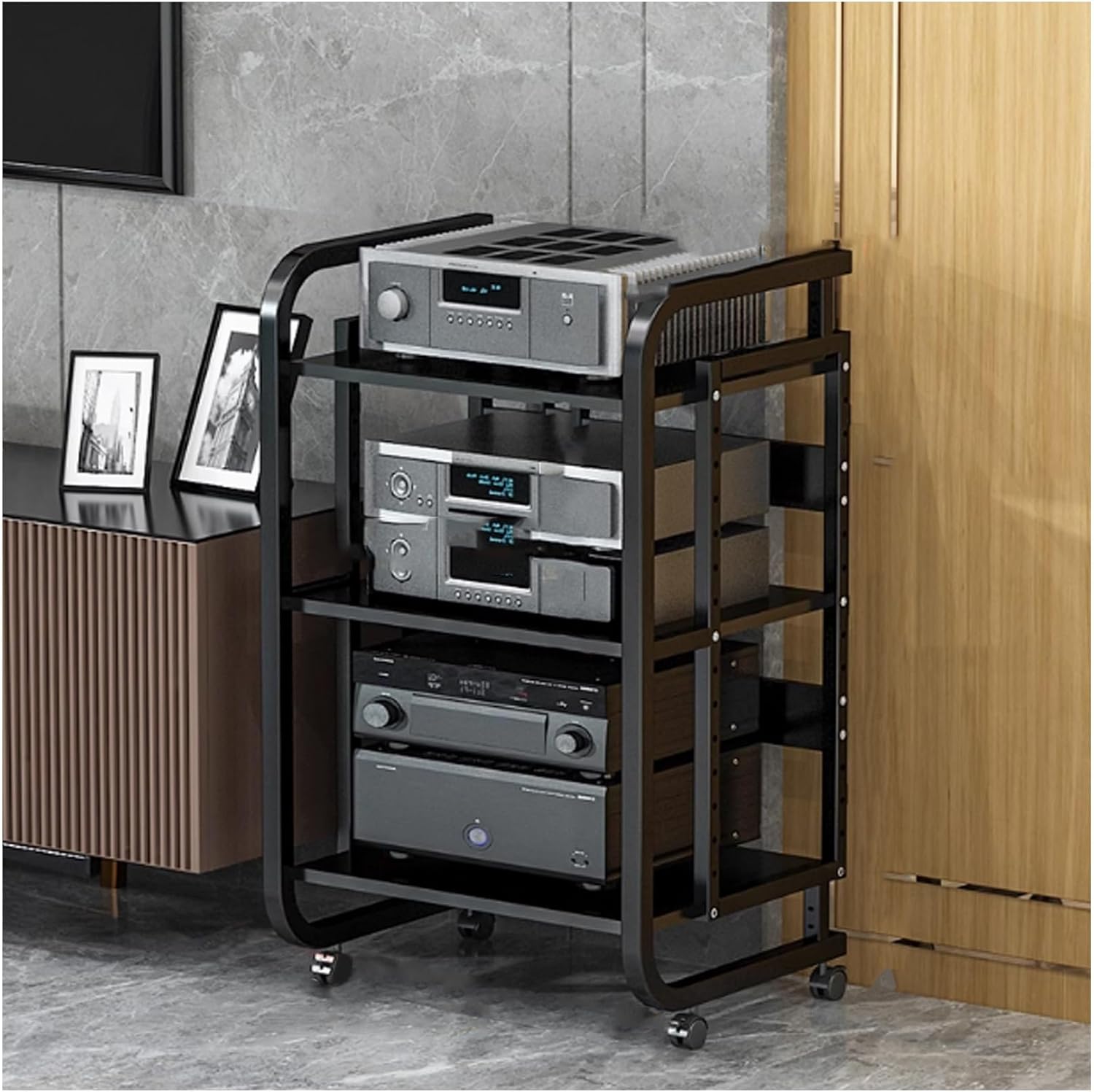 OVOGGPAN Media Storage Cabinet Modern Audio Video Stand Stereo Component Cabinet with Adjustable Shelves Media Stand Entertainment Center Stand
