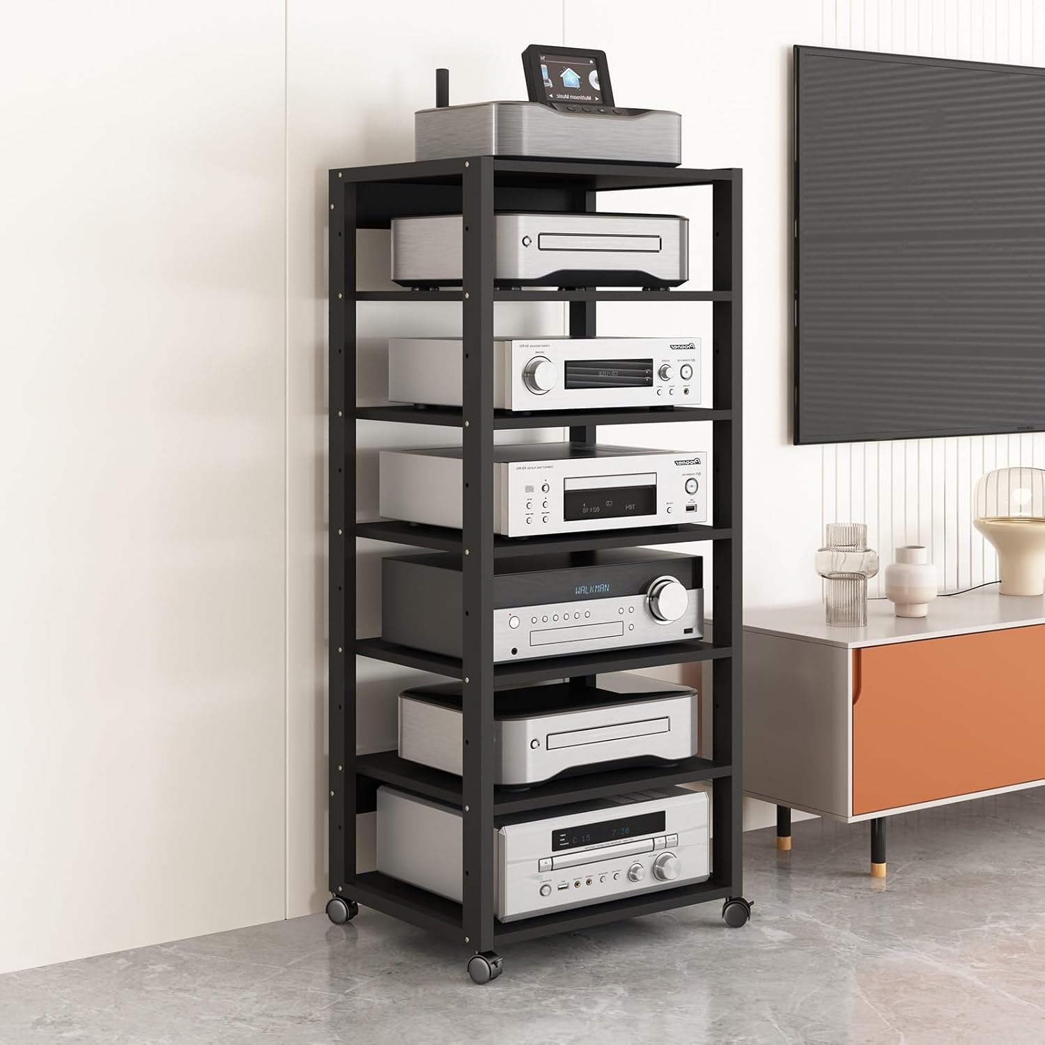 5/6/7-Tier Movable AV Media Stand Power Amplifier Storage Rack CD Player Stand Audio Tower with Height Adjustable Wooden Shelf