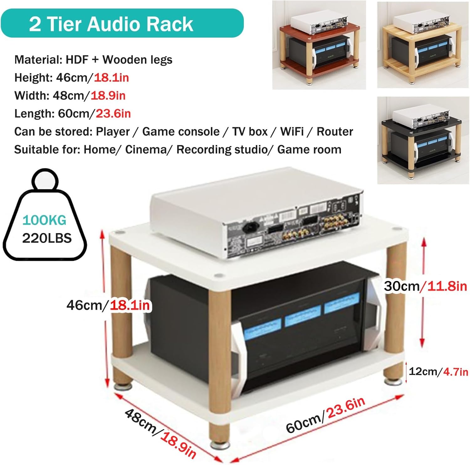 Wooden Stereo Cabinet Audio Rack - 2/3/4 Tier AV Media Tower Stand for Video Game Consoles & DVD Players - Corner Entertainment Center Shelving for Living Room - HiFi Record Player Holder