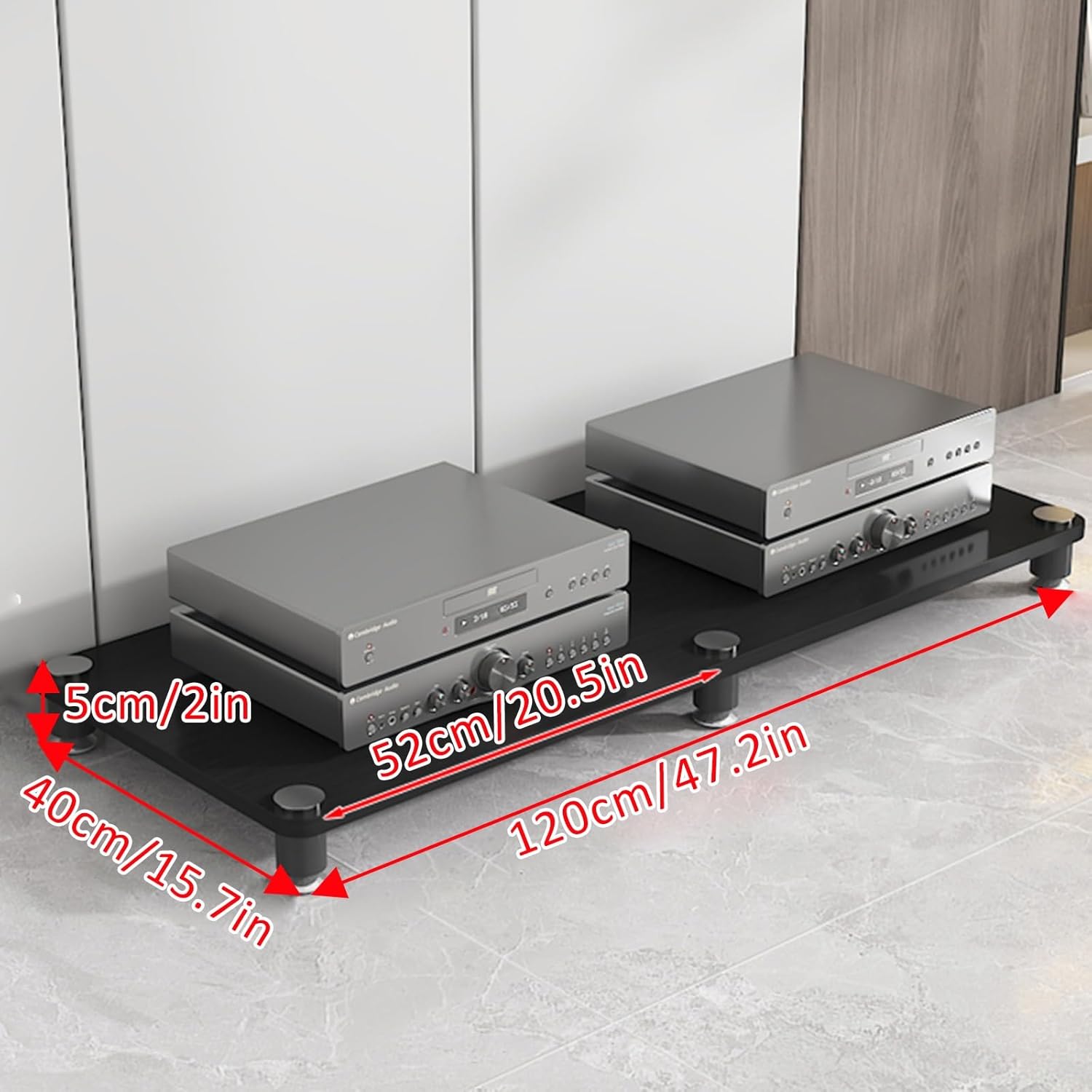 Record Player Stand with Vinyl Storage Speaker Mount Mid-Century Record Player Table Wooden Corner Shelves Component Cabinet for DVD Players/Cable Boxes Design AV Media Stand(Deep Black