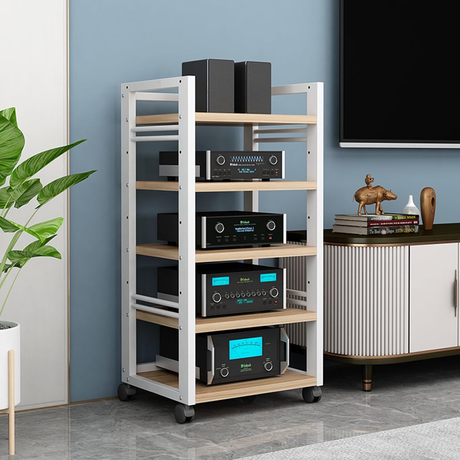 Audio-Video Media Stand with 5-Tier Adjustable Wooden Shelf