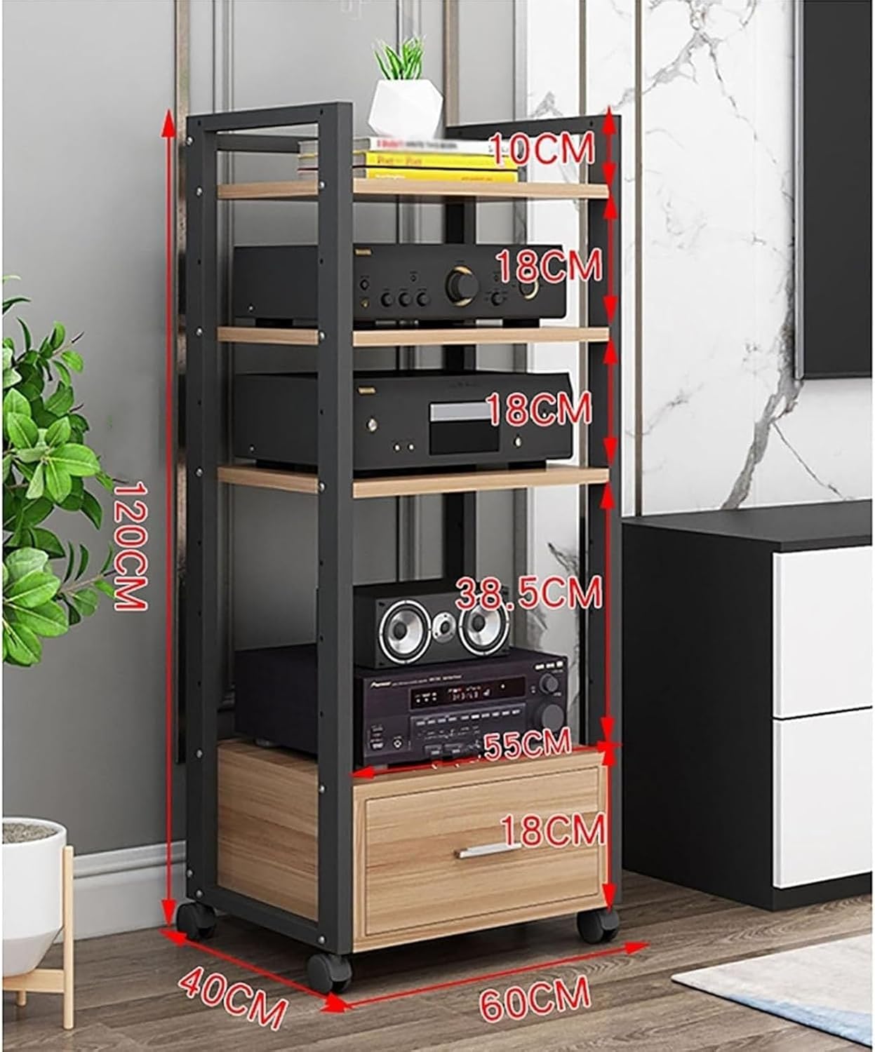 WUHUQN Media Stand 60cm Long Multi-Tier Audio Rack with Drawer Amplifier Stand HiFi AV Cabinet Mobile Kickstand CD Rack Media Storage Shelf