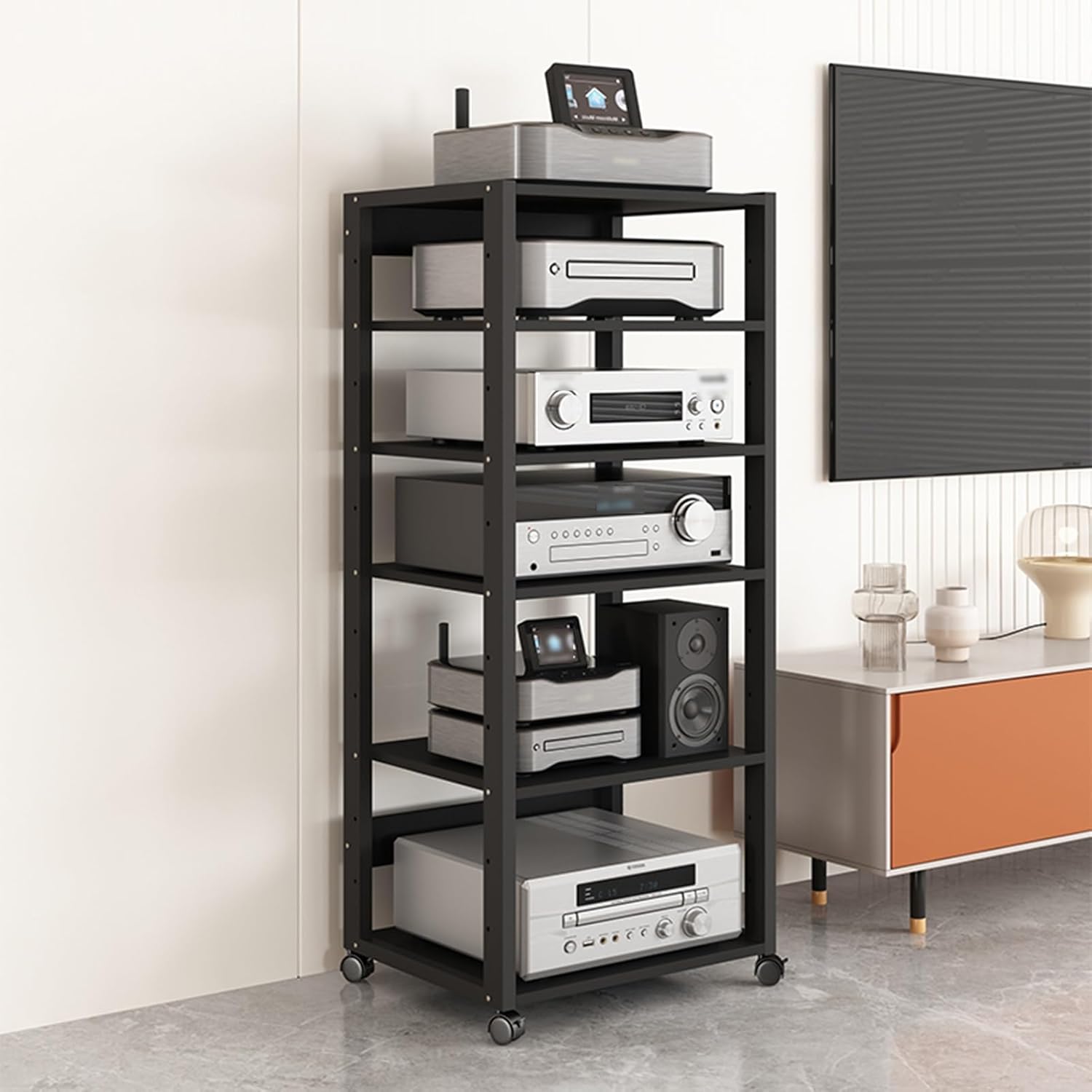 YLQFGUVWK 6 Layer Removable AV Media Stand CD Player Stand Stereo Component Storage Cabinet with Height Adjustable Wooden Shelf for Home/Office/Theater