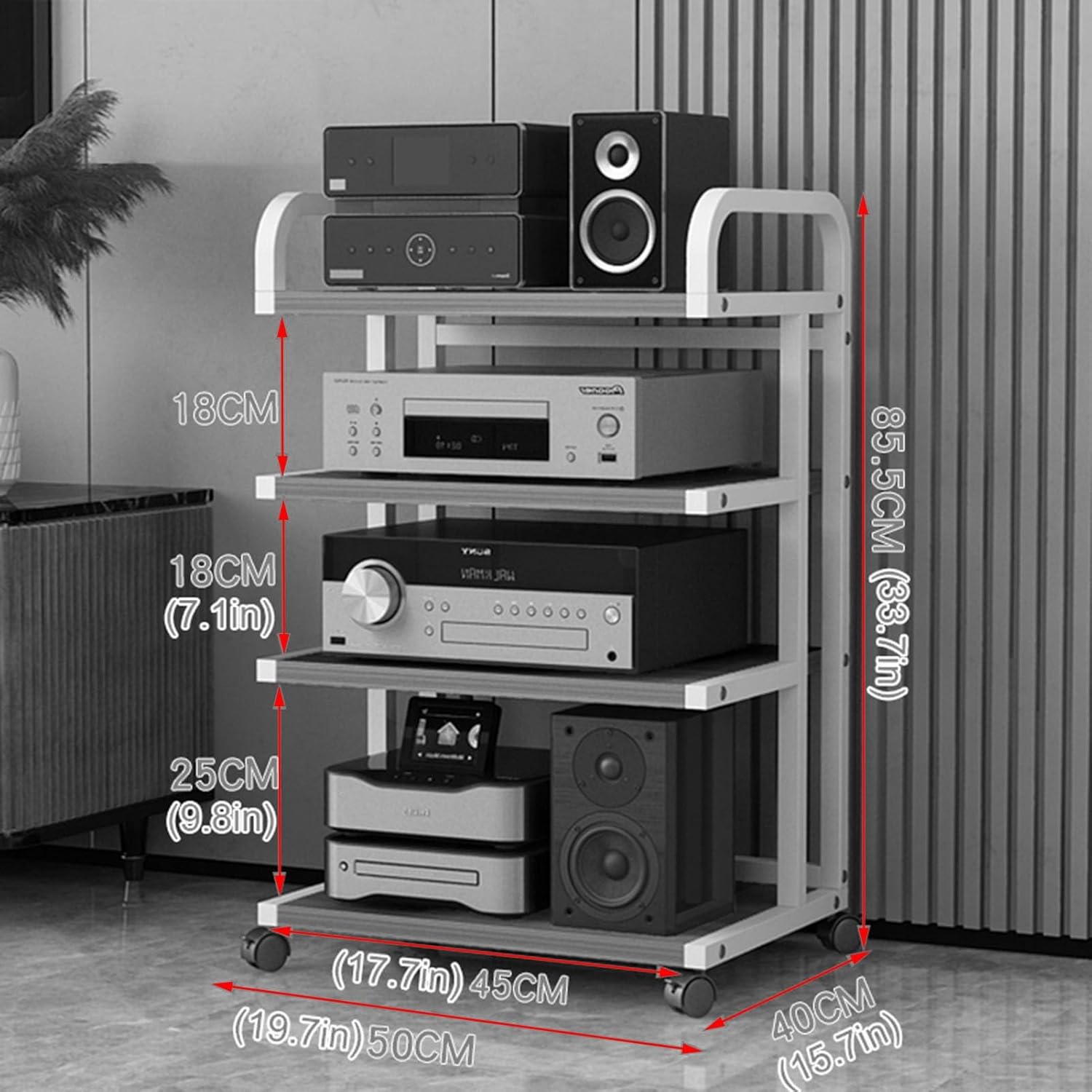 3/4/5-Tier Media Stand Audio/Video Component Cabinet Movable DVD CD Player Stand Amplifier Rack Audio Tower Multifunction Open Storage Shelf for Home/Office/Theater (Size : 4 Tier)
