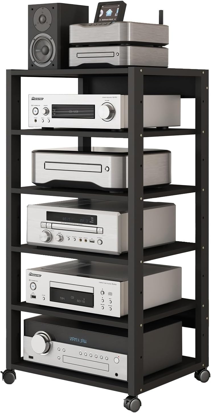 SDdPulse Multi-Shelf Amplifier Rack Movable Media Stand Audio/Video Rack DVD Player Stand Stereo Component Storage Cabinet with Height Adjustable Wooden Shelves for Home/Office/Th
