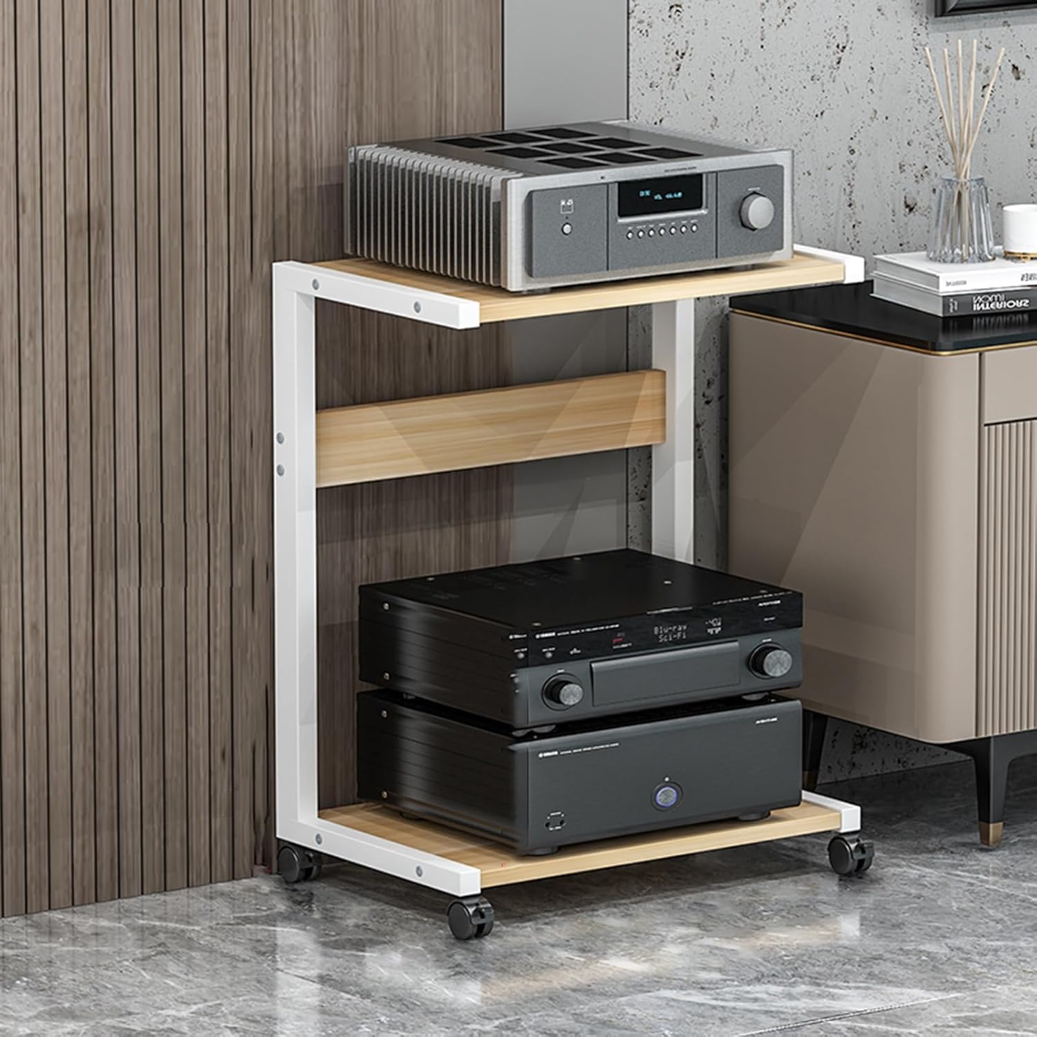 3-Tier AV Media Stand Corner Shelf Wooden Corner Shelves Component Cabinet Corner TV Entertainment Center Audio-Video Rack Stand CD DVD Record Player Stand For Home Theater(White Oak