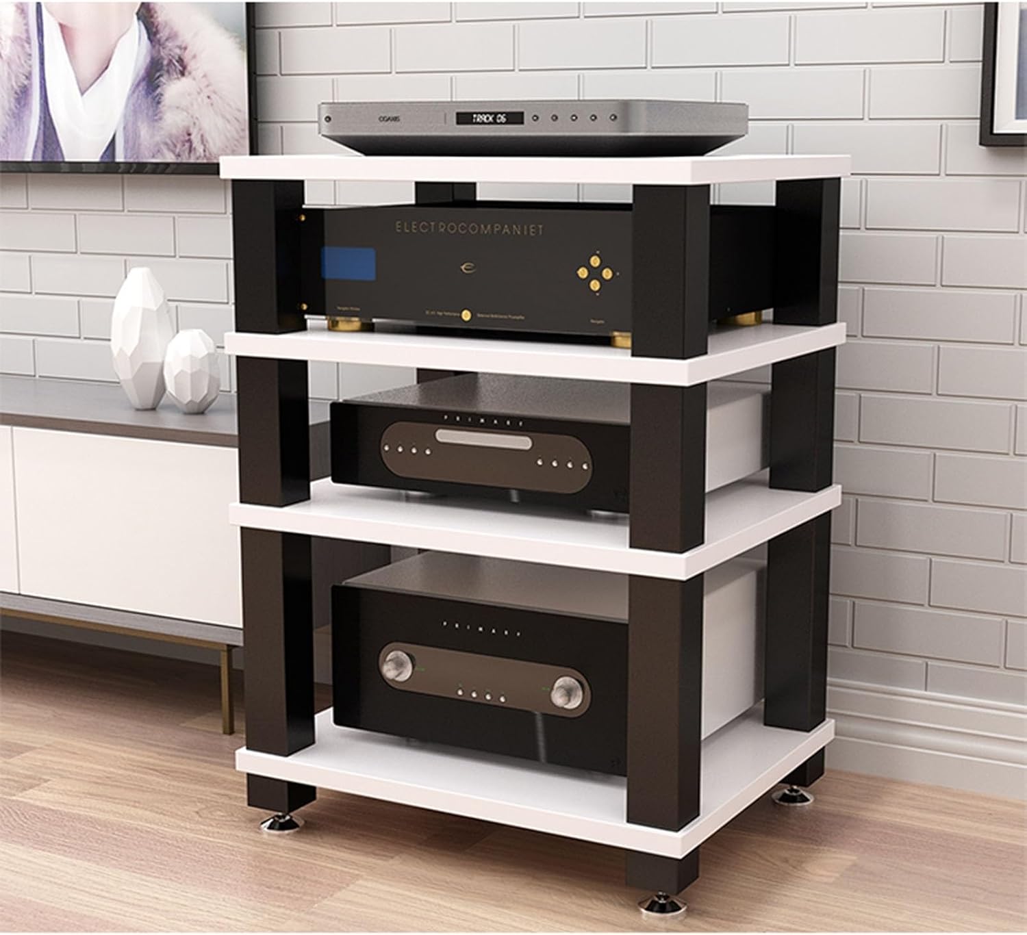 4 Tier AV Media Stand Floor-Standing Wooden Shelf Audio Tower CD Player Stand Stereo Component Open Storage Cabinet for Home/Office/Theater(Color:B)