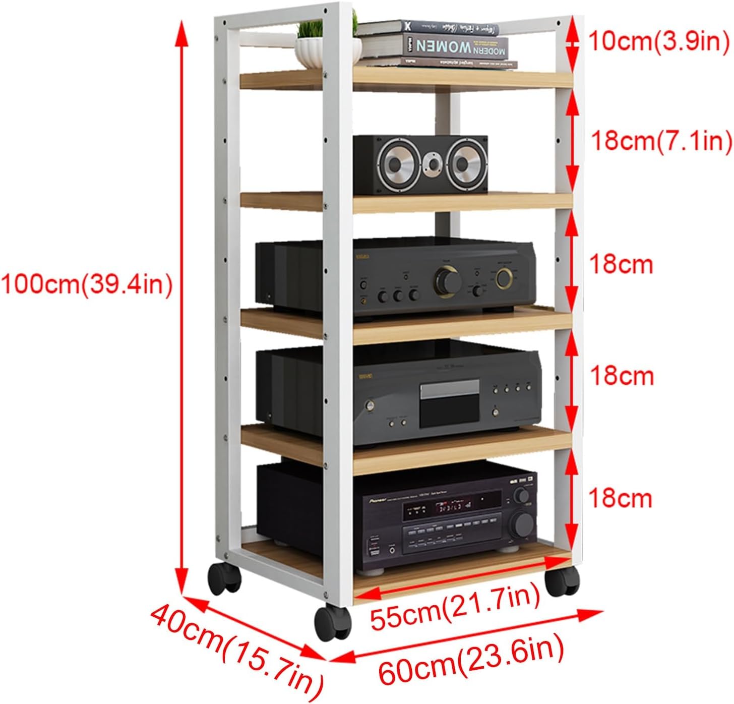 5-Tier Movable Media Stand Audio Video Component Cabinet Modern KTV Entertainment Stereo Storage Rack Audio Tower with Height Adjustable Wooden Shelf for Home Office Theater (Color : C