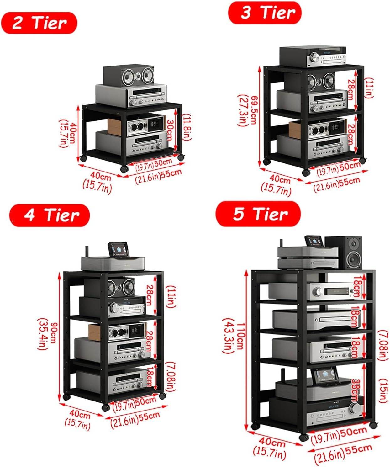 2/3/4/5-Tier AV Media Stand CD Player Stand Stereo Rack Corner TV Stand Audio Video Components Cabinet With Height Adjustable Wooden Shelf