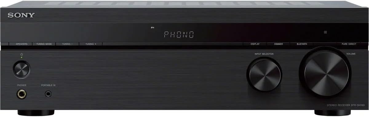 Sony STR-DH190 2-Channel Home Stereo Receiver with Phono Input and Bluetooth with Remote + 2 RCA Cables + 100' Speaker Wire Cables & Banana Plugs