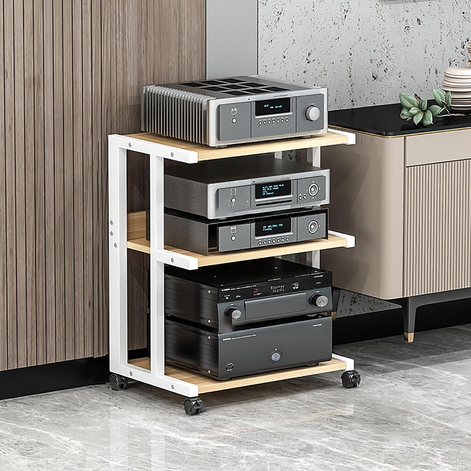 Versatile Wooden Display Cabinet on Wheels - Media Stand & Audio Rack for Game Consoles