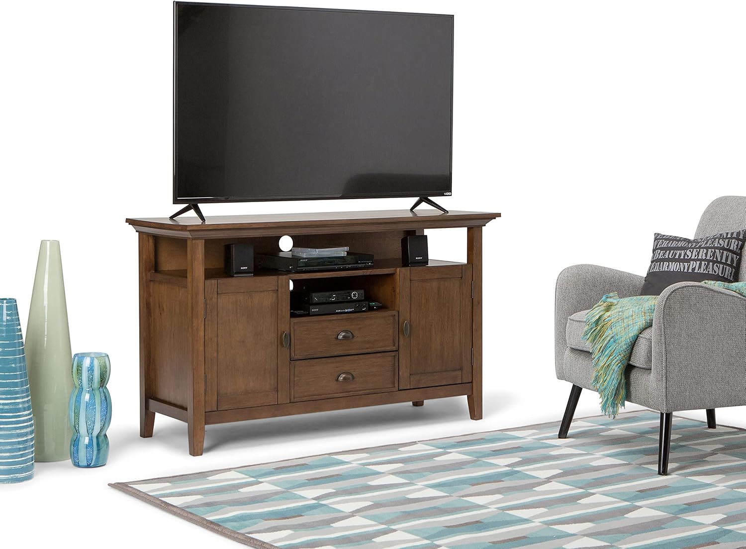 SIMPLIHOME Redmond TV Stand - 54 inch Wide Solid Wood Tall Media Console in Rustic Natural Aged Brown
