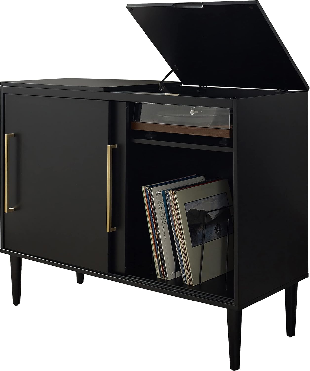 Crosley Furniture Everett Media Console and Record Player Stand with Storage for Vinyl Records