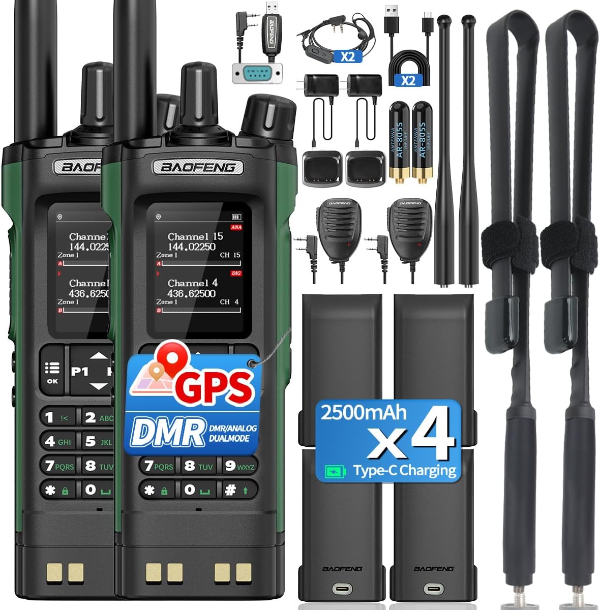 BAOFENG DM32 DMR Radio Handheld Ham Radio 10W Rechargeable Walkie Talkies for Adults (4PCS Batteries) DM-32UV Portable NOAA Weather with GPS