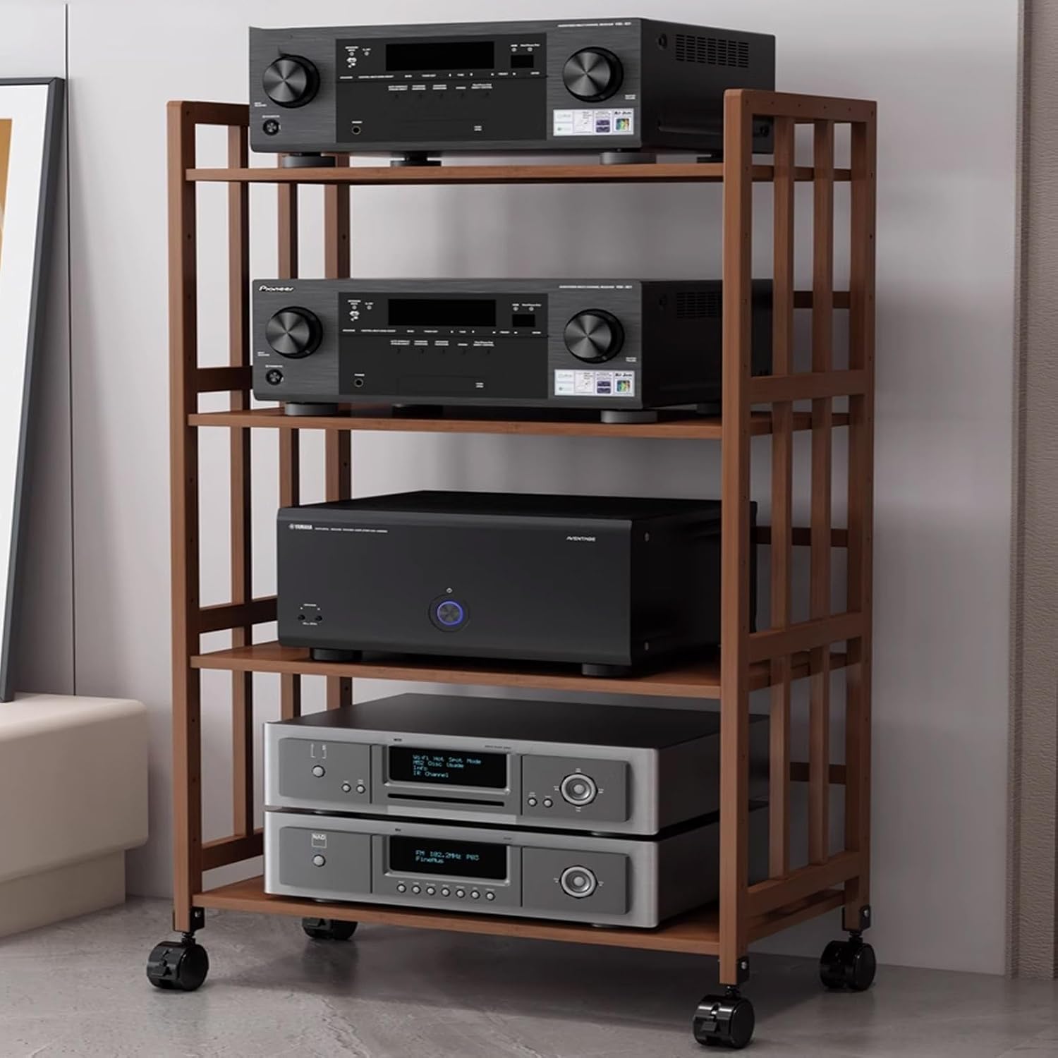 Av Media Stand Adjustable Corner Shelf Stand with Adjustable Wooden Shelves Stereo Cabinet Furniture with 4 Lockable Wheels Audio Video Rack Tower Wooden Shelves Standing Brown(4tier-1.6x1.2x4ft)