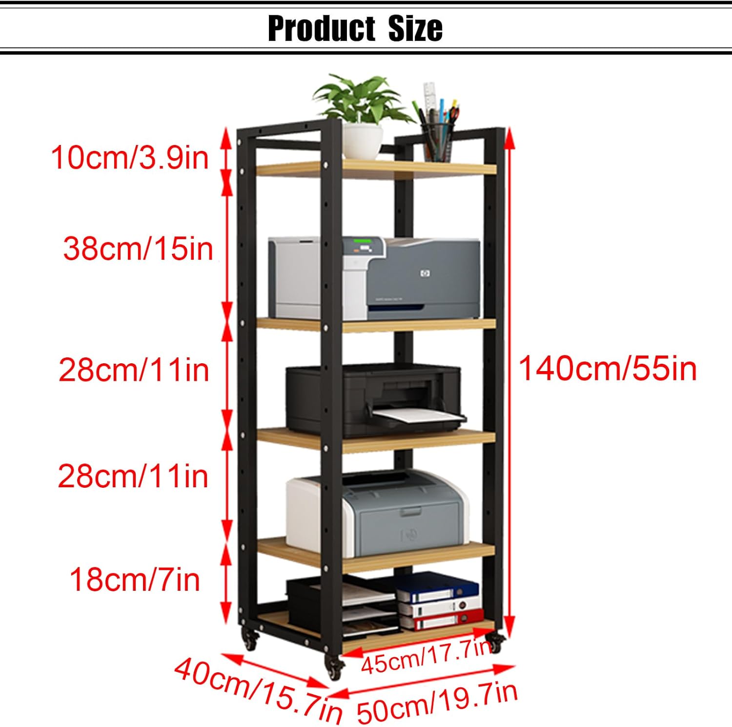 JIXDILO 4-Tier AV Media Stand with Wheels Adjustable Height Wooden Shelves Stereo Component Cabinet Storage Rack Audio Rack Tower for DVD Players Game Console TV Box(5-Tier