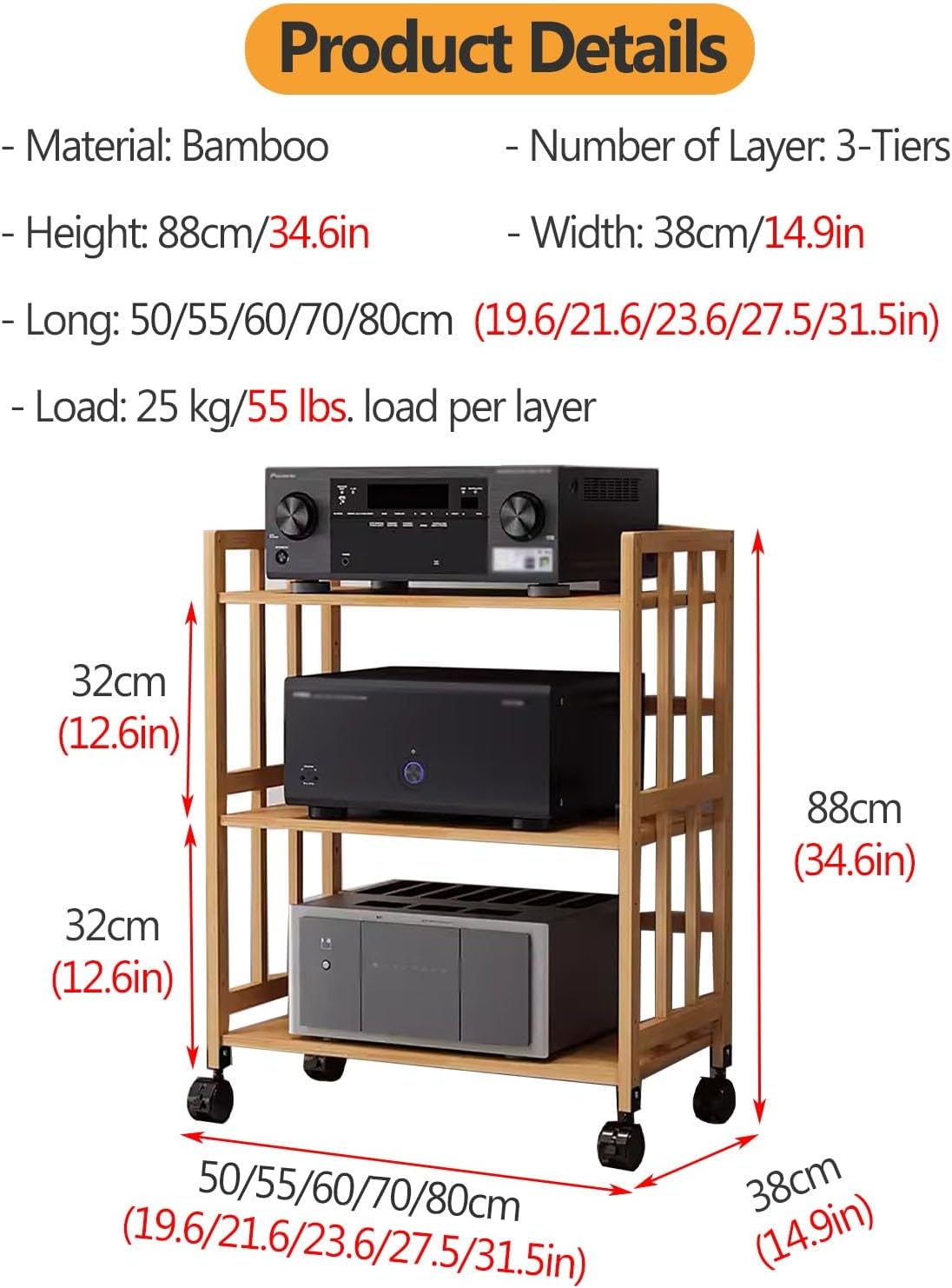 DFEDHF Large Capacity Audio Rack Media Stand - 2/3/4/5 Floor Adjustable Shelf Stereo Rack System Cabinet - Heavy Duty AV Media Stand Easy Assembly for Home & Commercial Use