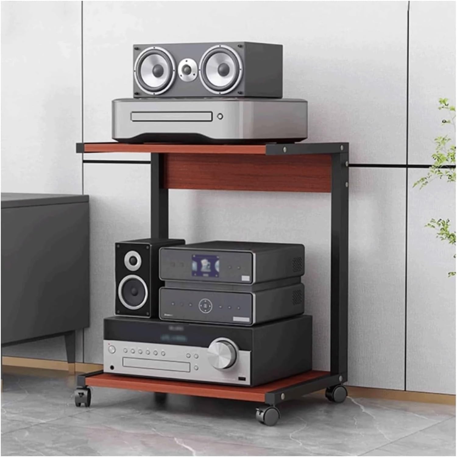 PZEOB Audio Rack Shelf Wooden Stereo Stands 2 Tier Media Stand with Wheels Audio Tower Rack Modern Open-Ended Design Audio Rack Cabinet(Rojo