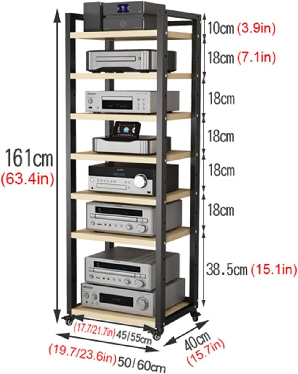 Movable AV Media Stand CD Player Stand Stereo Rack Corner TV Stand Audio Video Components Cabinet With Height Adjustable Wooden Shelf for Living