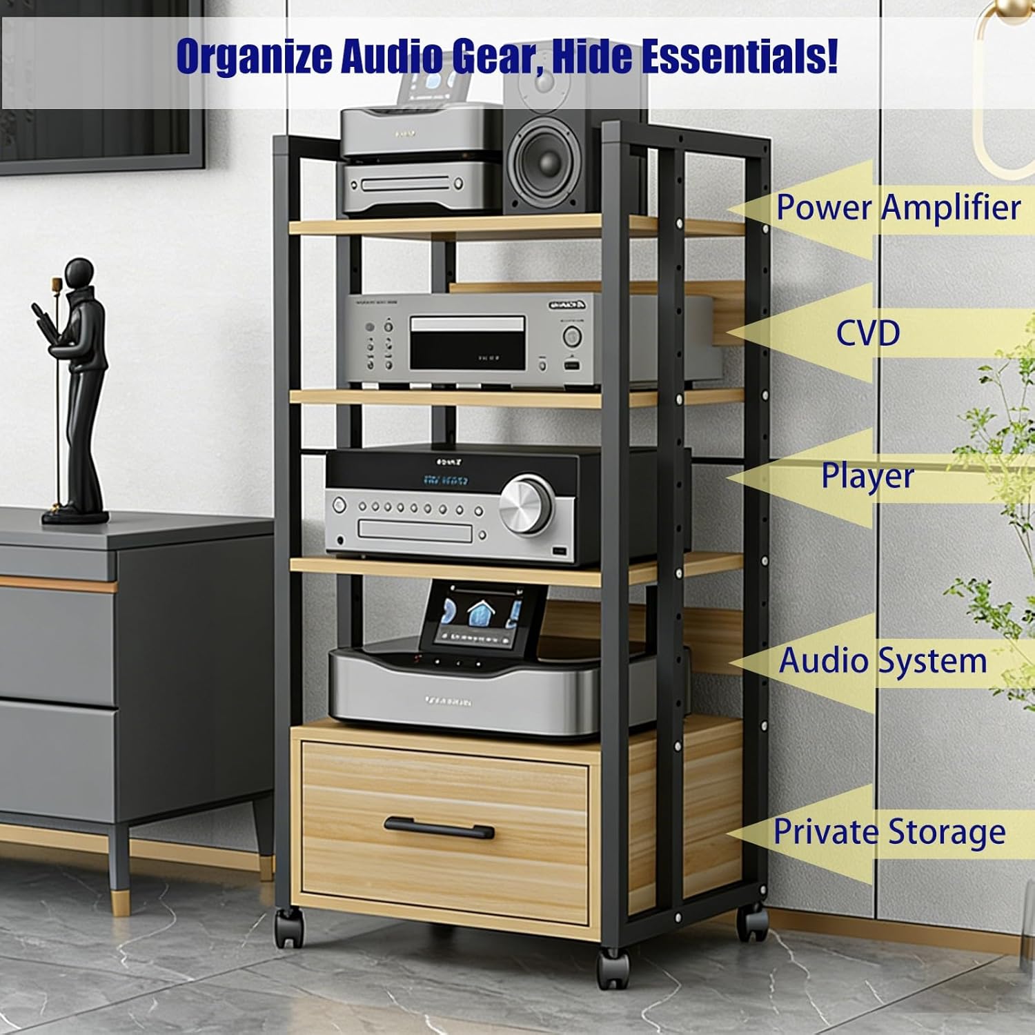 YLLFFLL 3 Shelf Audio Component Rack Tower Media Stereo Stand Equipment Shelves