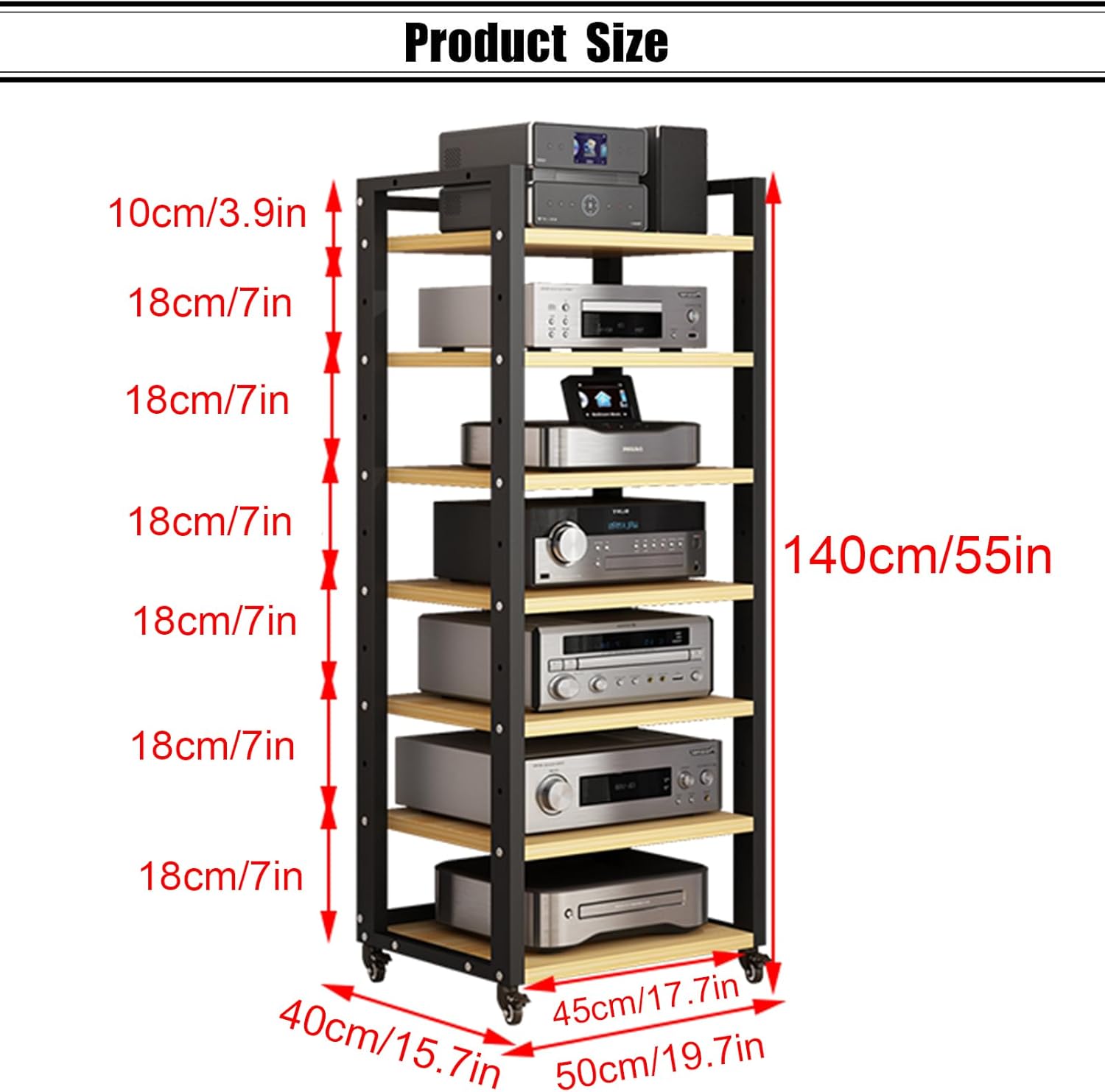 JIXDILO 4-Tier AV Media Stand with Wheels Adjustable Height Wooden Shelves Stereo Component Cabinet Storage Rack Audio Rack Tower for DVD Players Game Console TV Box(7-Tier