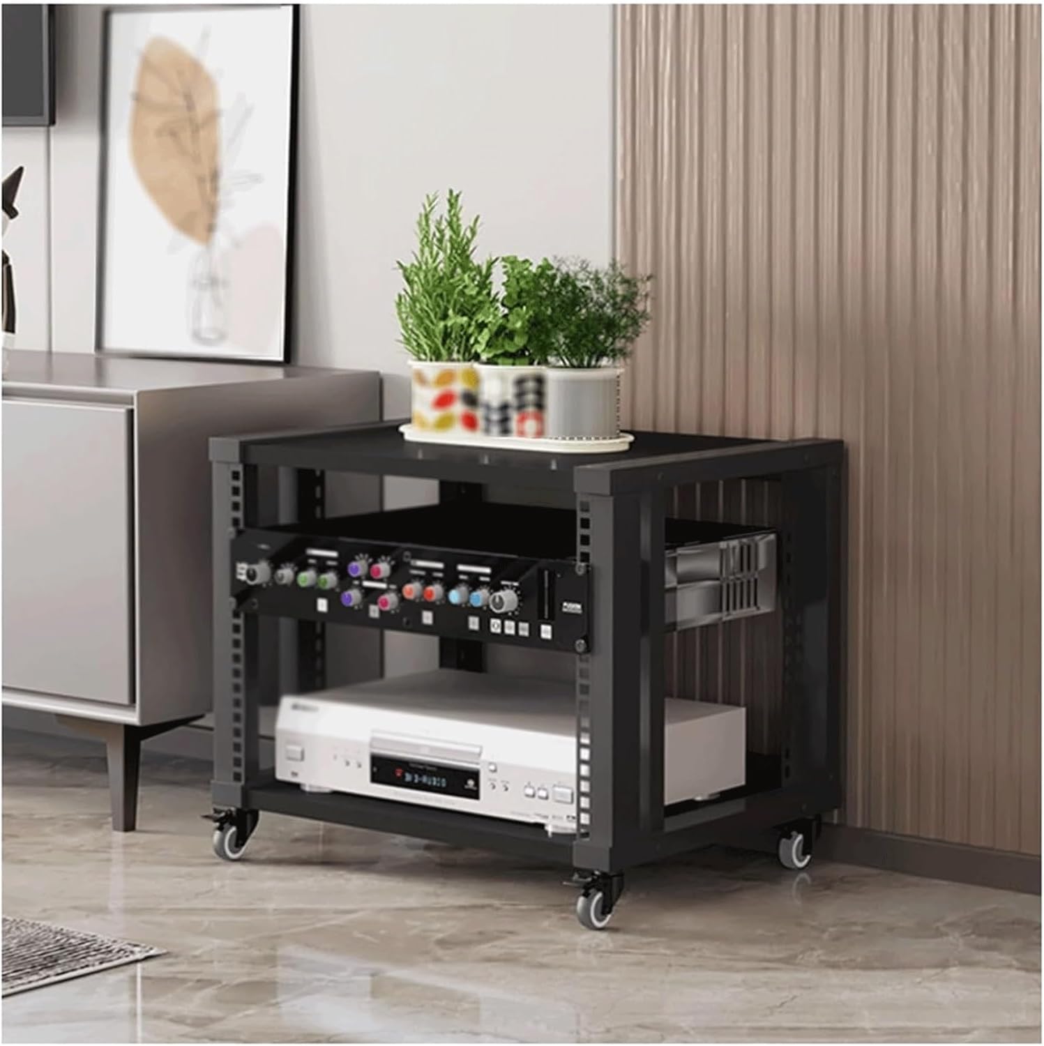 PZEOB Audio Rack Cabinet Wooden Audio Tower Rack Open Media Stand with Adjustable Shelves Audio-Video Shelving Unique Stereo Stands(Black