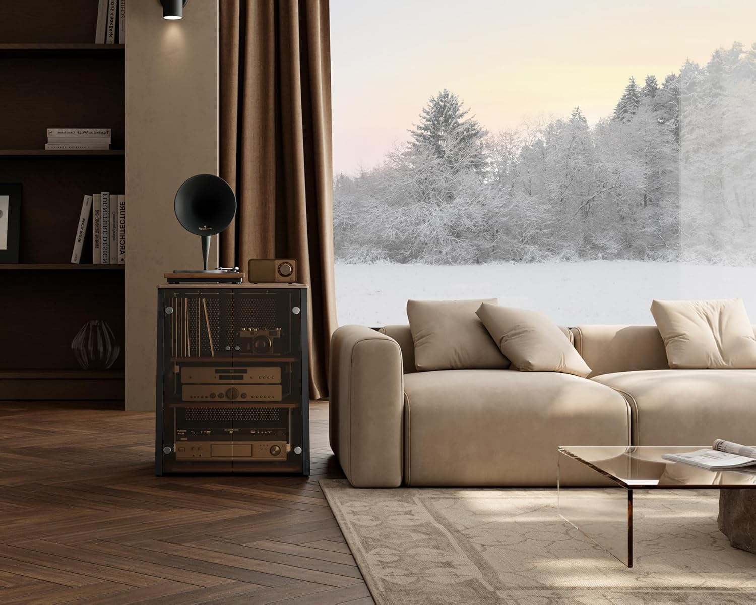 FITUEYES Design 4-Tier Media Stand with Brown Glass Doors Audio Rack with Adjustable Shelves Stereo Cabinet Protection Equipment for Vinyl Record Player Stereo Receivers Audio Gear