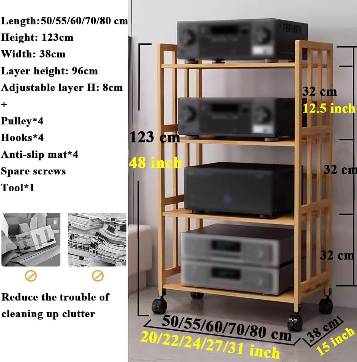 UYCVT Tier Media Component Storage Unit Shelves Movable Audio Video Tower with DVD Cd Record Player Stand Stereo Equipment Cabinet and Turntable Holder for Living Room Or Offic-W-50cm-4 Tier