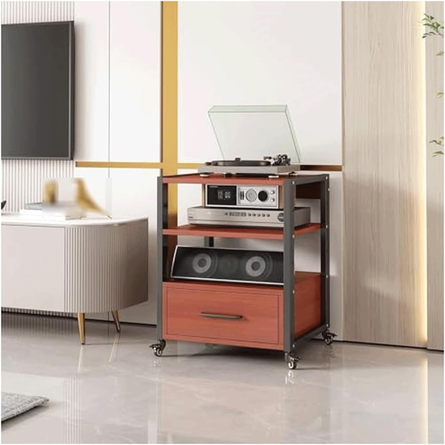 PZEOB Audio-Video Shelving Media Stand with Drawer Audio Rack Stereo Cabinet Adjustable Media Storage Shelves with Wheels Stereo Stands(Rojo