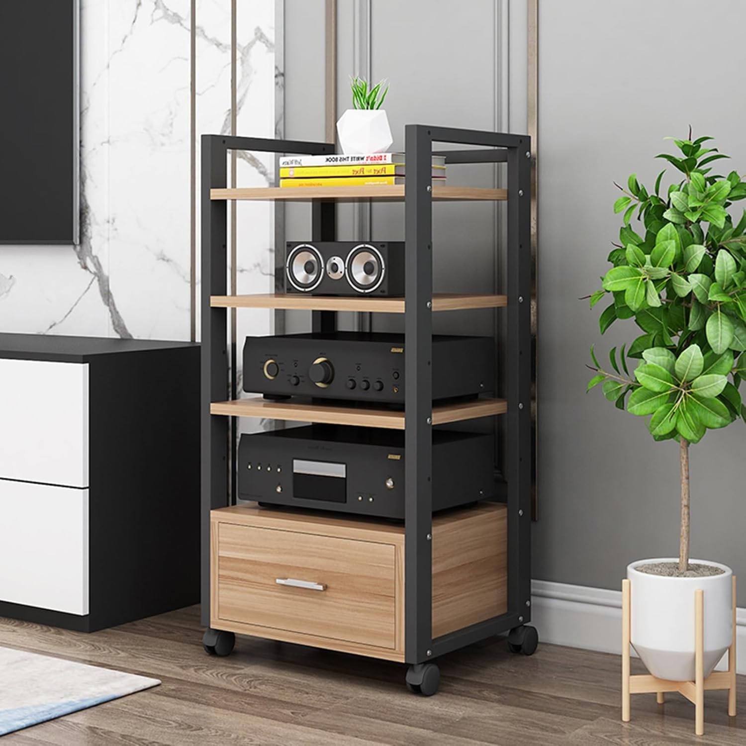 3/4/5-Tier Audio Rack CD Media Player Stand Audio/Video Component Cabinet Floor-Standing Movable Storage Shelf with Wheels and Drawers for Home/Office/Theater