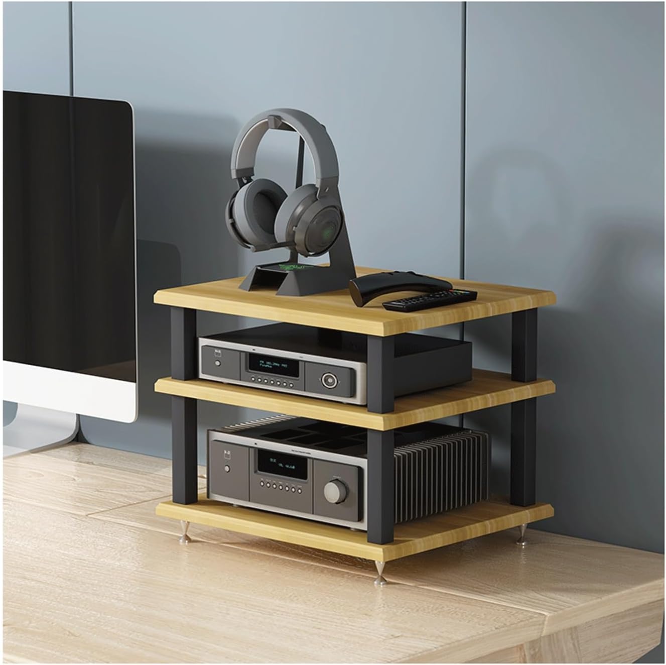 XMFBSY Medios AV Component Entertainment Stand Desktop Media Audio Tower HiFi Rack Open Stereo Component Cabinet Wooden Game Console Storage Shelf for Home Organizer(Natural