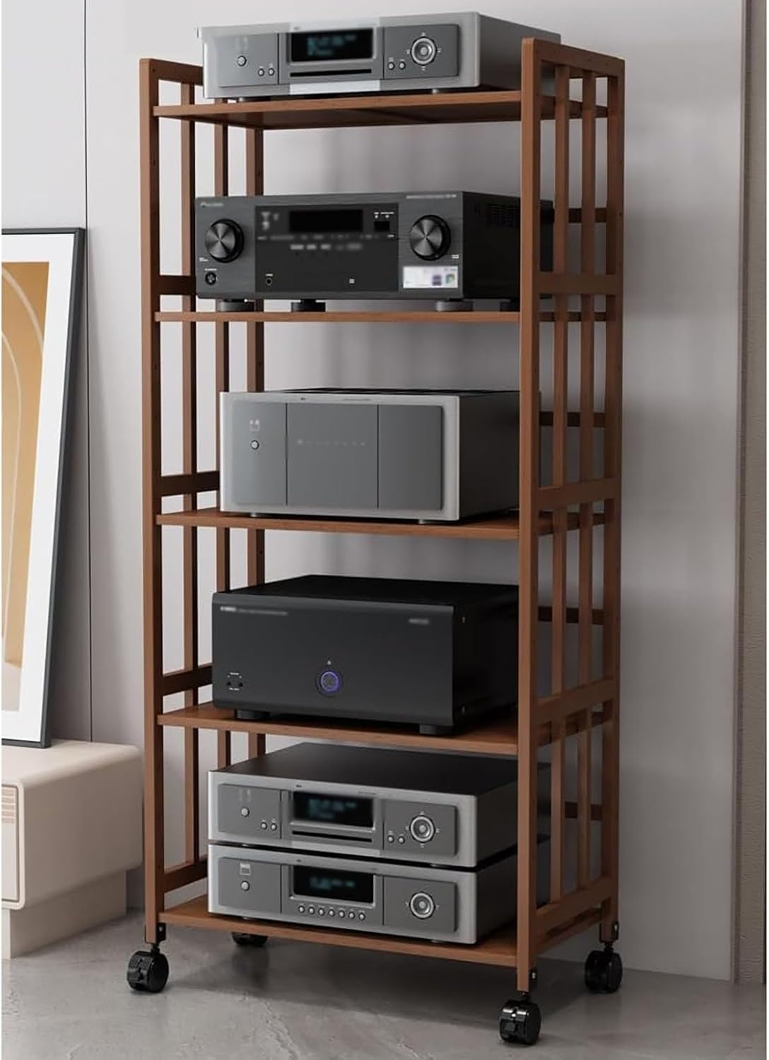 Removable 5-Tier AV Media Stand CD Player Stand Stereo Component Storage Cabinet with Height Adjustable Wooden Shelf for Home/Office/DJ/Theatre