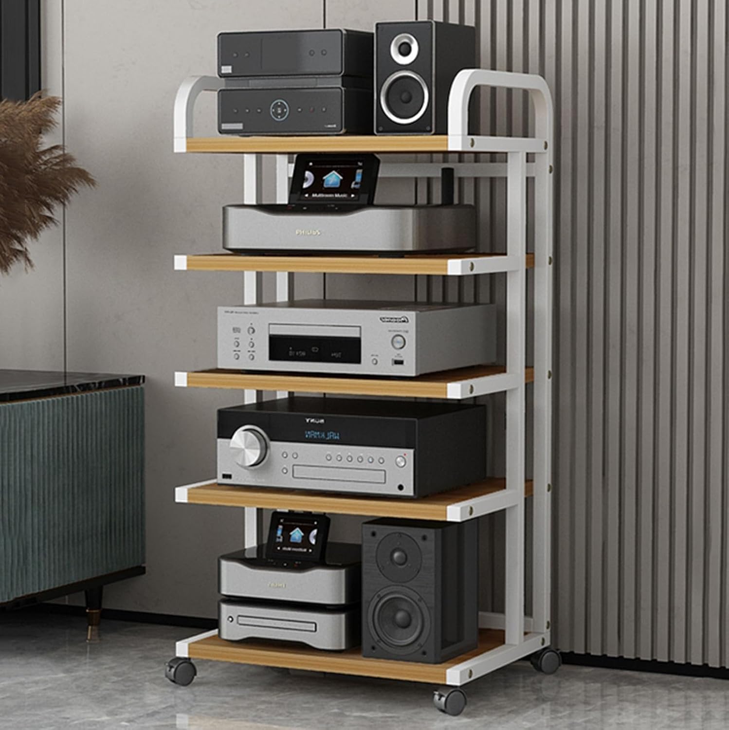 5-Tier Movable Media Stand Audio Video Rack DVD Players Stand Open Storage Entertainment Stereo Component Cabinet with Height Adjustable Wooden Shelf for Home/Office/Theater (Color : A)