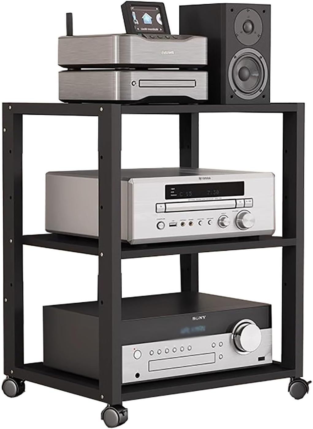 3/4/5-Tier Metal Steel Shelf Media Stand Audio/Video Component Cabinet with Height Adjustable Wooden Shelf for Home/Office/Audio Video/DJ/TV/Theater (Color : Black) (Size : 3 Tier)