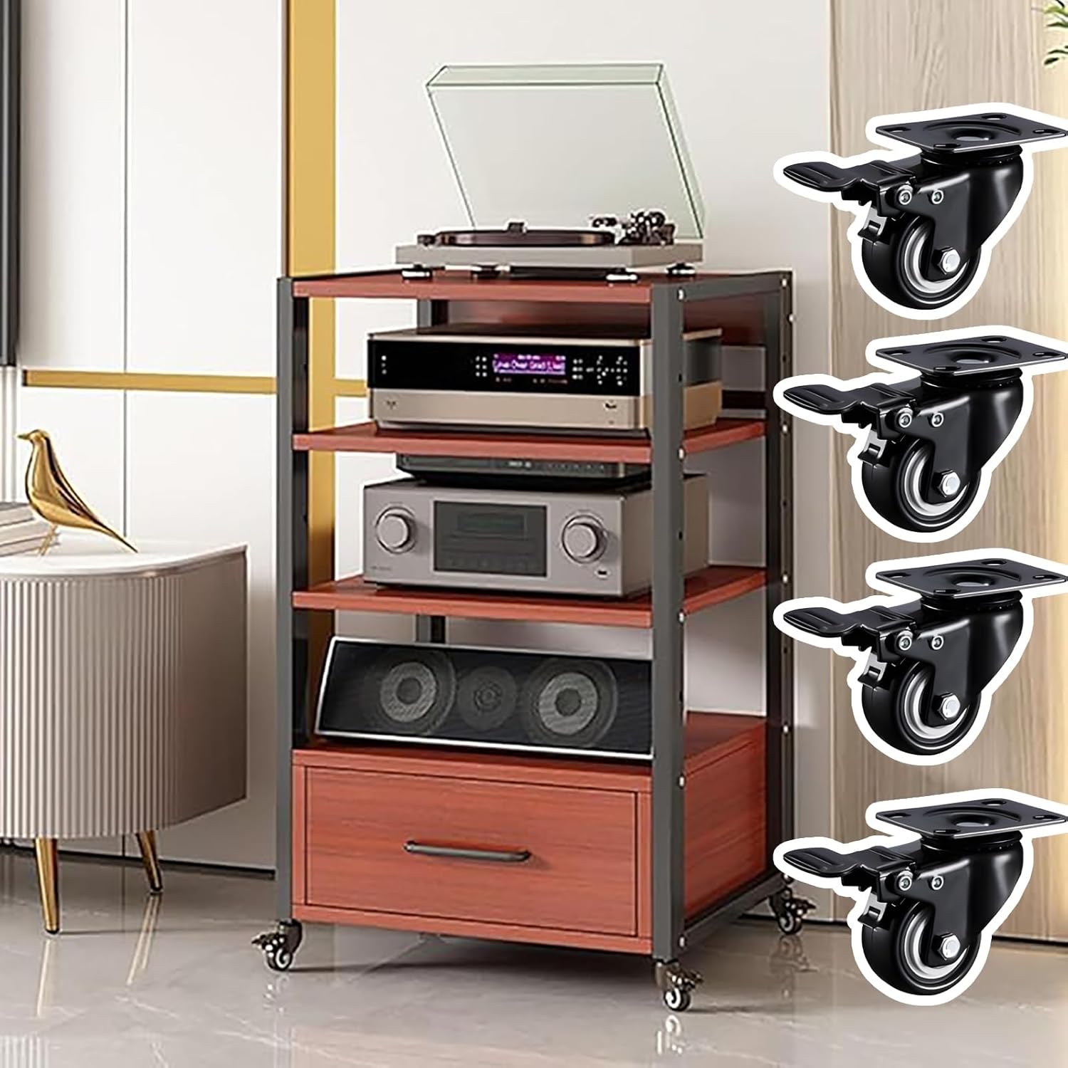 Audio-Video Shelving with Adjustable Shelves and Sliding Wheels