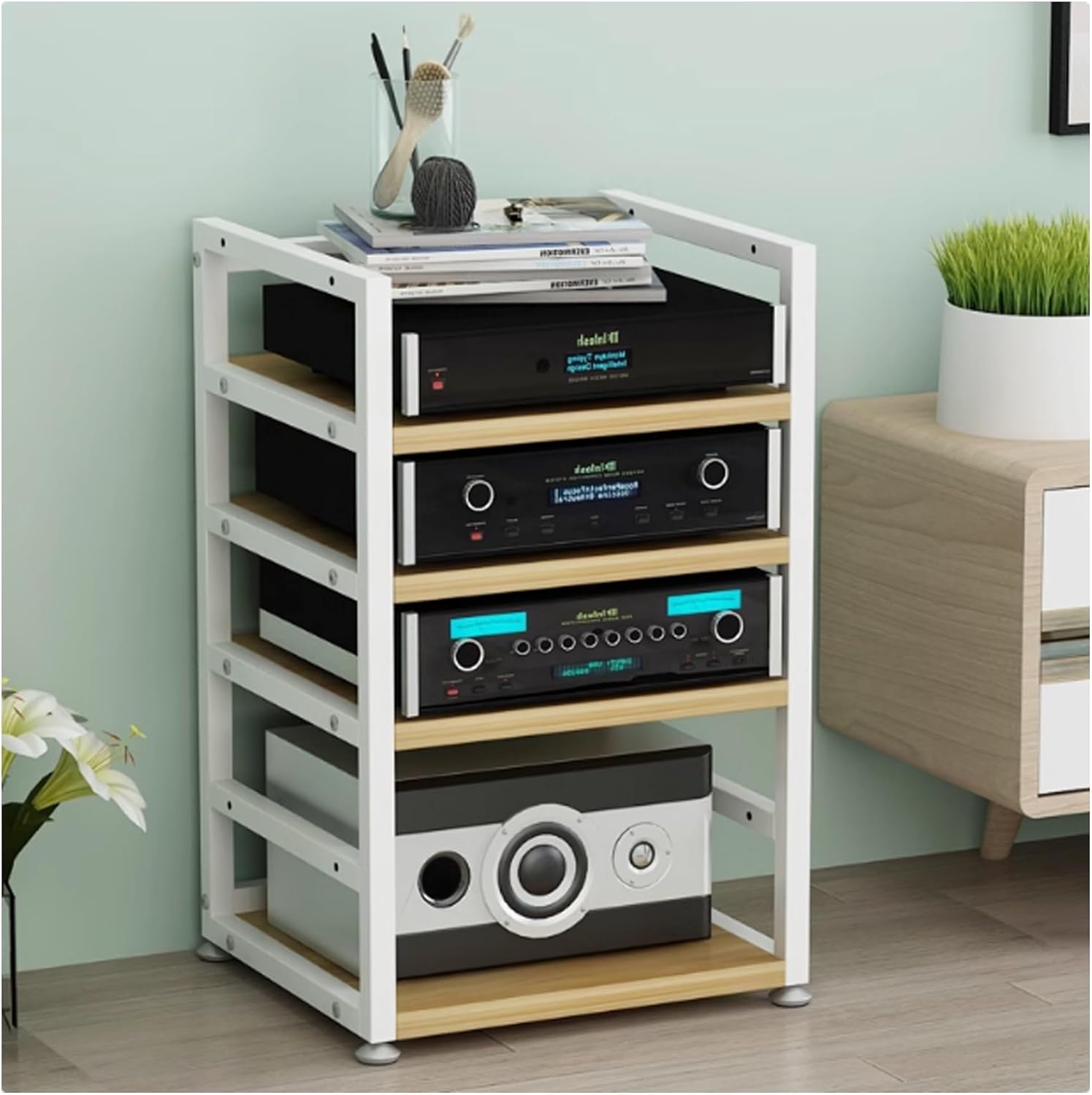 OVOGGPAN Open AV Media Stand Adjustable Audio-Video Shelving Unit with Customizable Shelves & Foot Pads Stereo Component Storage Cabinet for Living Room