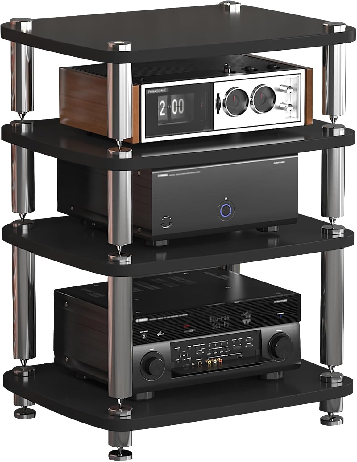 1/2/3/4 Tier AV Media Shelf Record Player Corner TV Stand Audio Rack Stereo Cabinet Split Shock Absorber Design for Entertainment Center Living Room Game Room Music Studio(Black