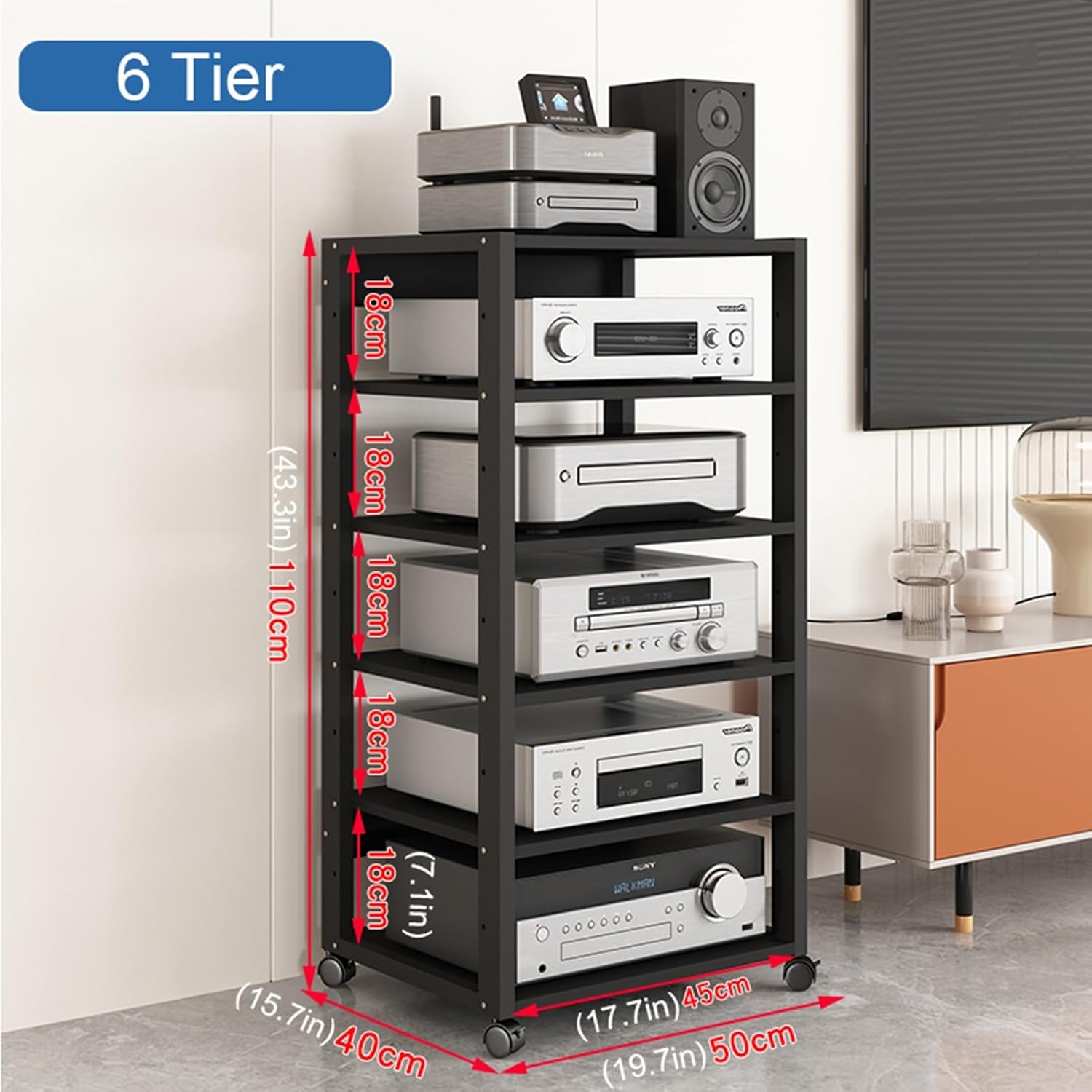 Multi-Shelf Amplifier Rack Movable Media Stand Audio/Video Rack DVD Player Stand Stereo Component Storage Cabinet with Height Adjustable Wooden Shelves for Home/Office/Theatre(6 Tier)