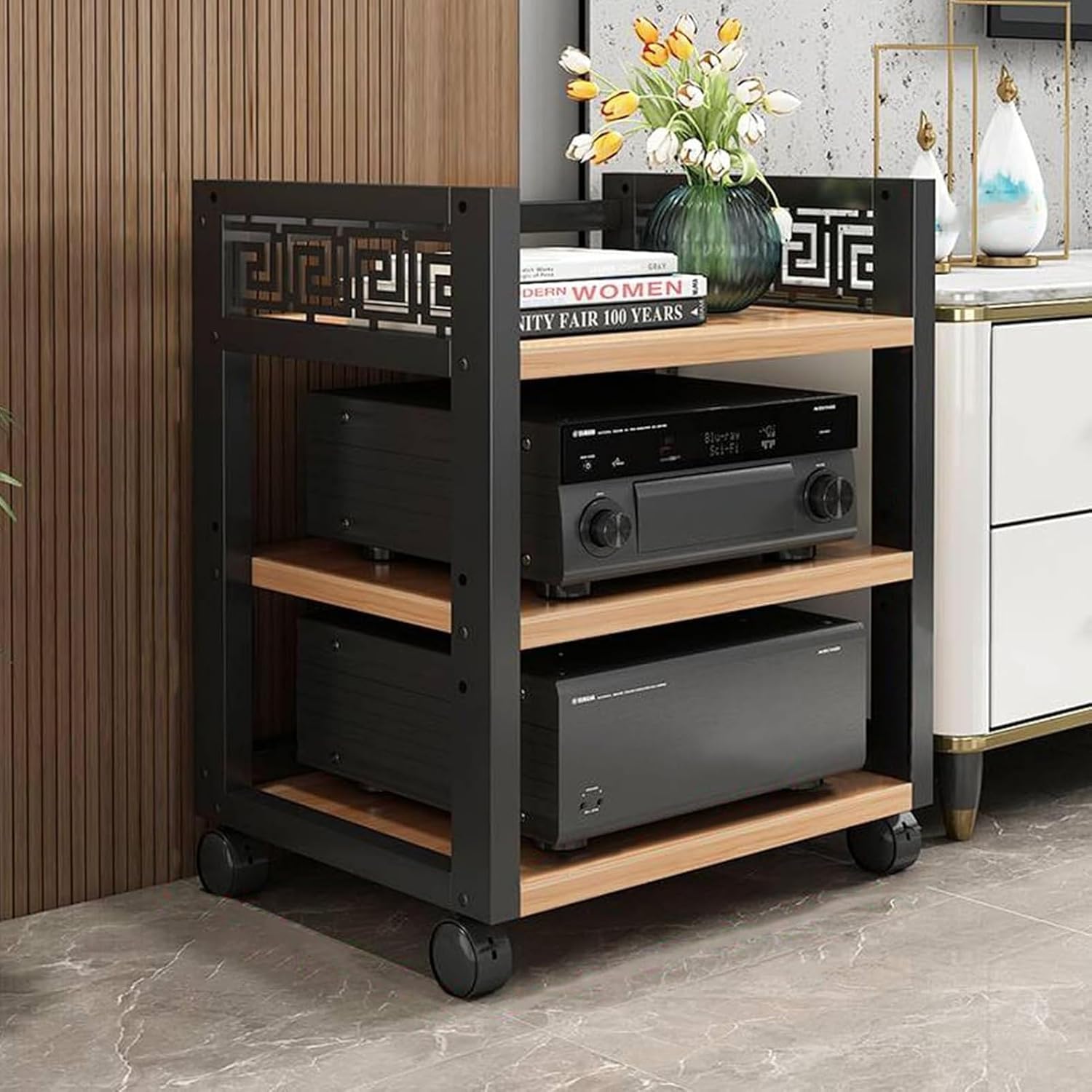 DONGYUE Upright Entertainment Stereo Rack System Component Cabinet with Caster Wheels & Adjustable Shelf