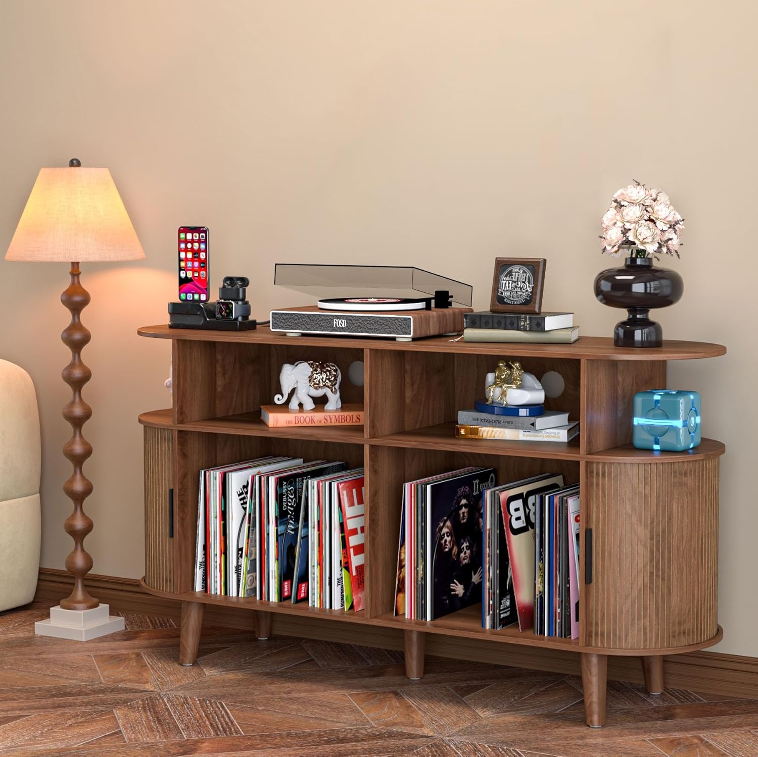 LUVIOHOME Large Round Record Player Stand with Charging Station & USB Ports Record Storage Cabinet