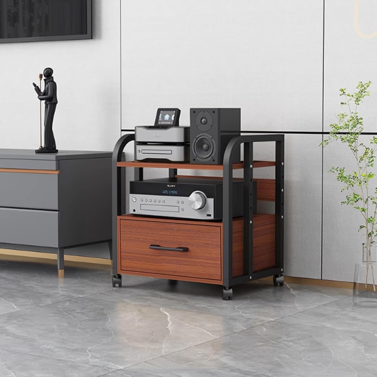 AV Media Stand with Drawer Large Stereo Cabinet Adjustable Rolling Audio Tower for Home Entertainment for Office Recording Room