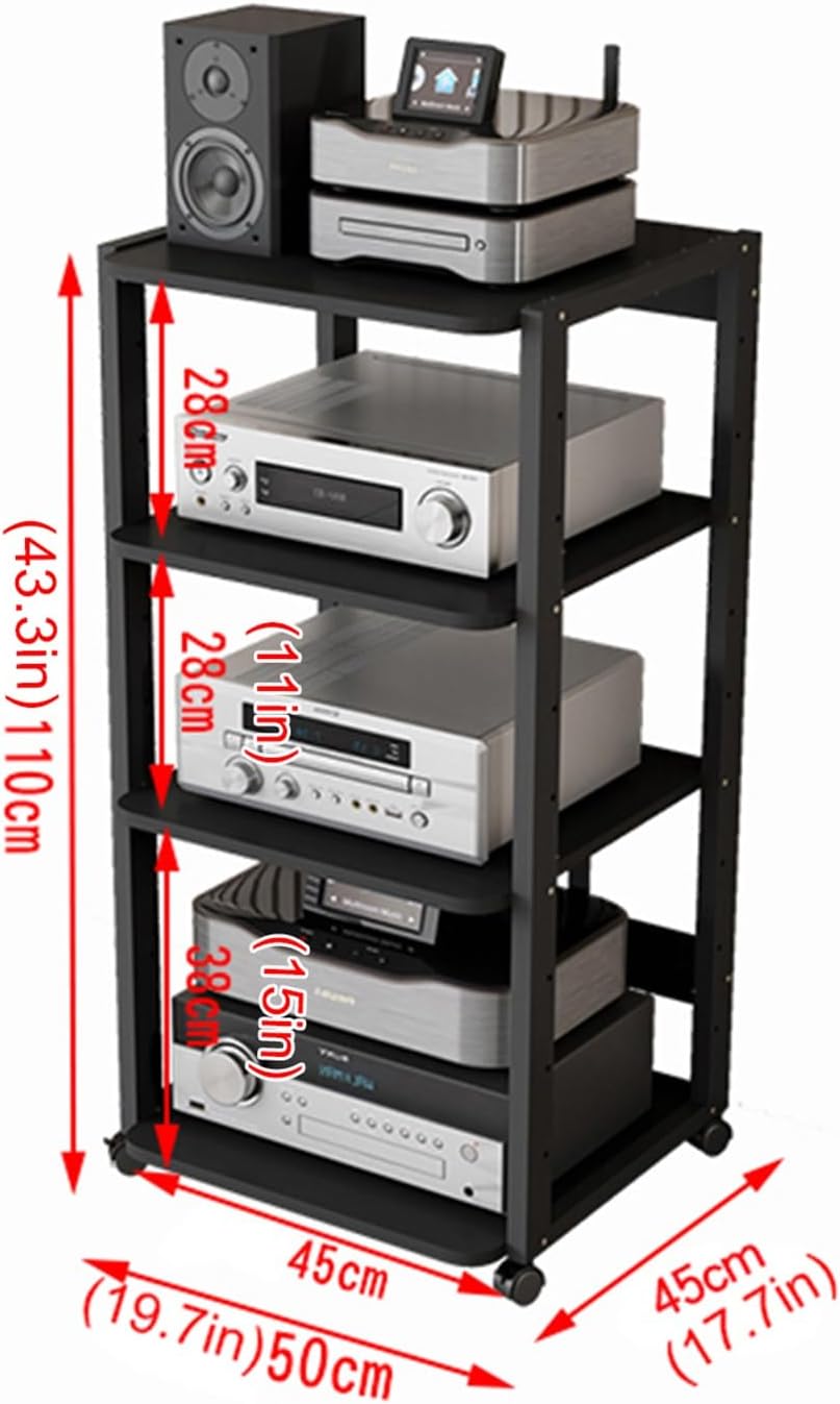 4/5/6 Tier Media Player Stand Stereo Rack Audio/Video Component Cabinet Home Office Multi-Function Open Storage Shelf Movable Audio Tower with Adjustable Wooden Shelves and Wheels (Size : 4 Tier)