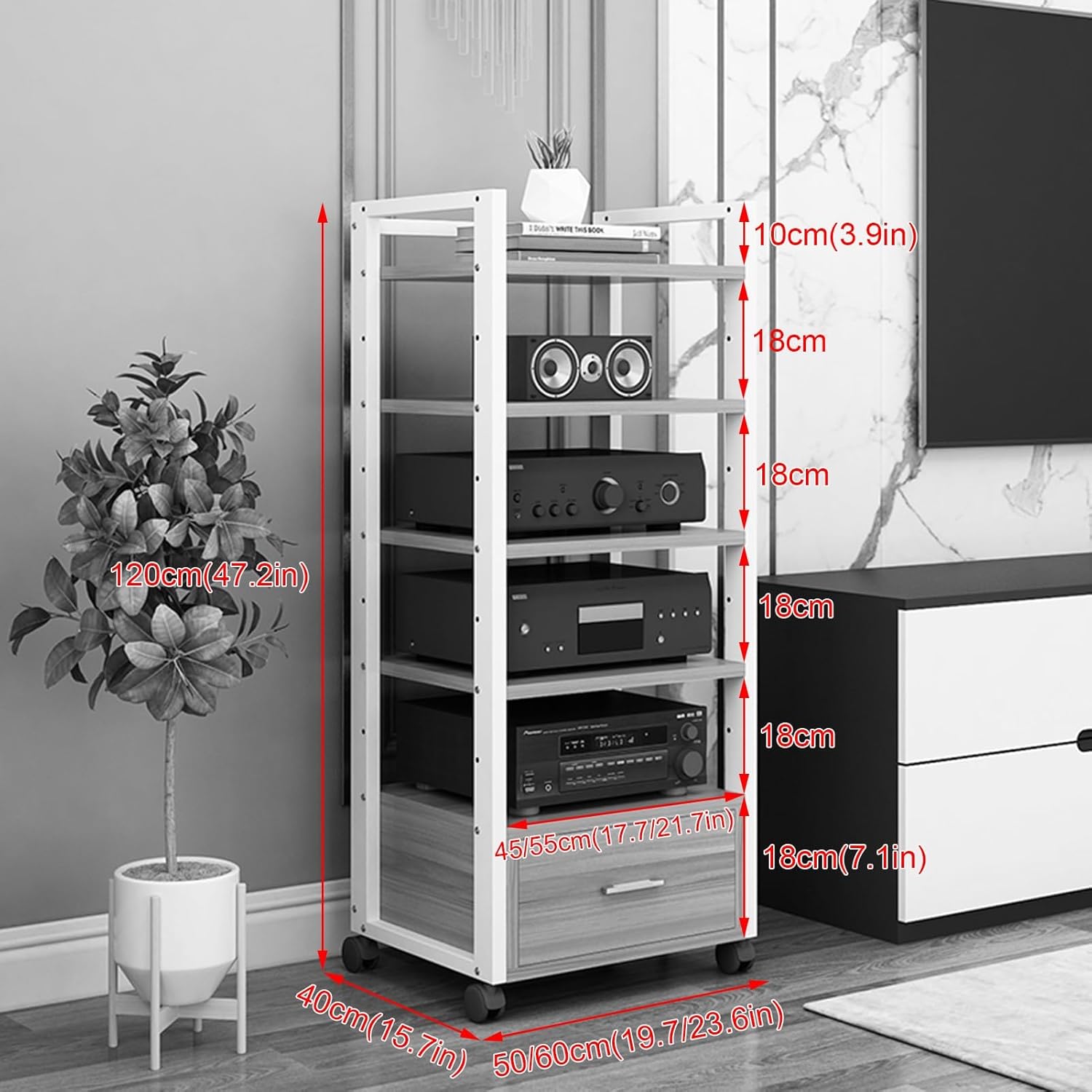 3/4/5 Tier Audio Rack CD Media Player Stand Audio/Video Component Cabinet Floor-Standing Movable Storage Shelf