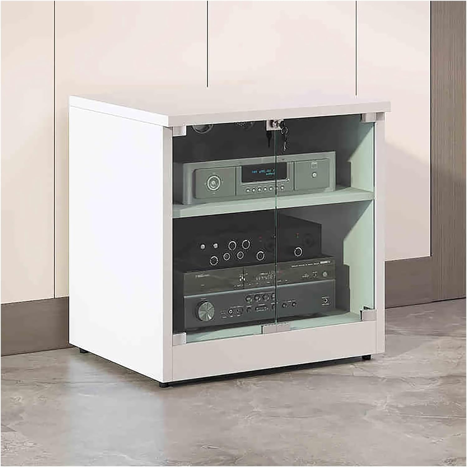 OVOGGPAN AV Media Stand Media Component Cabinet Stereo Audio Rack with Adjustable Shelves Tempered Glass Doors and Cable Management