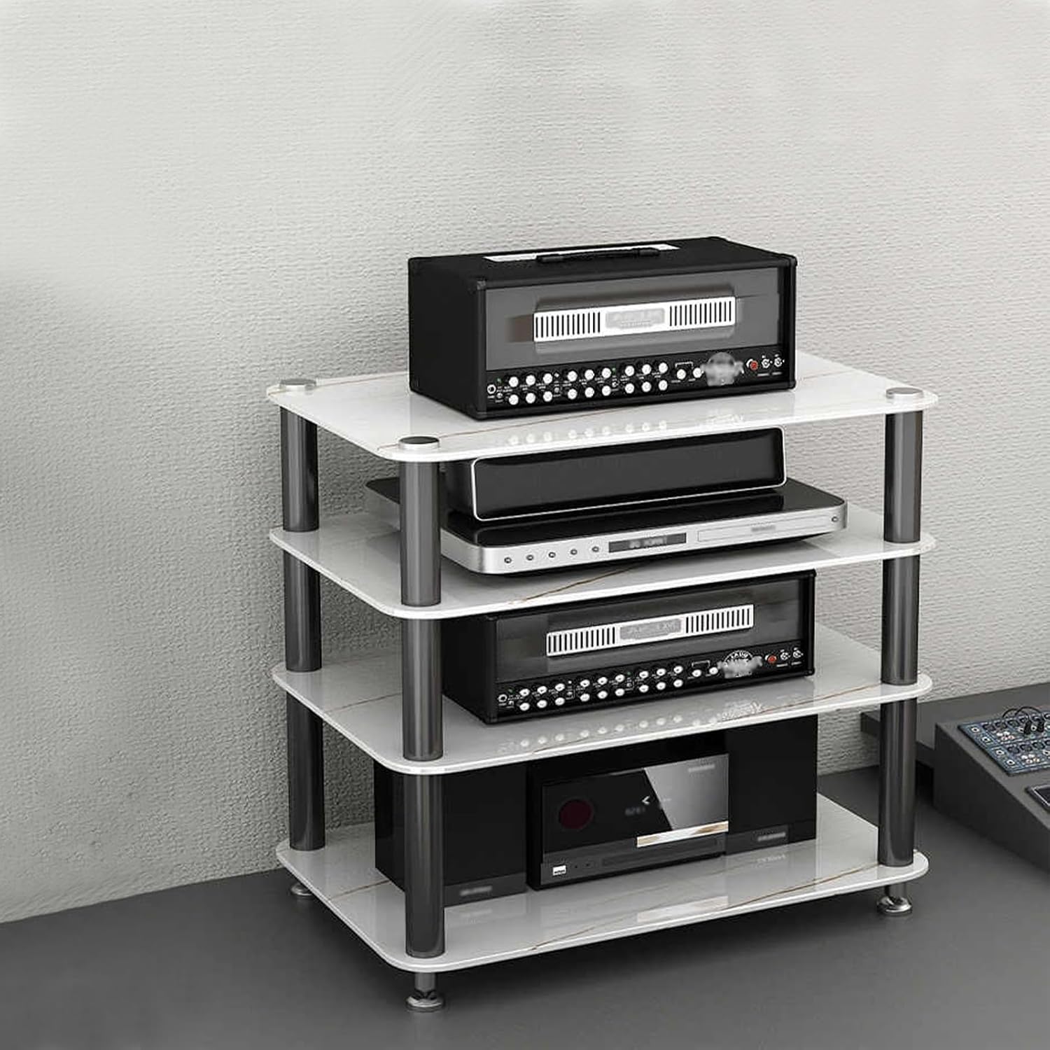 Audio Rack AV Media Stand with 1/2/3/4-Tier Tempered Glass Shelves