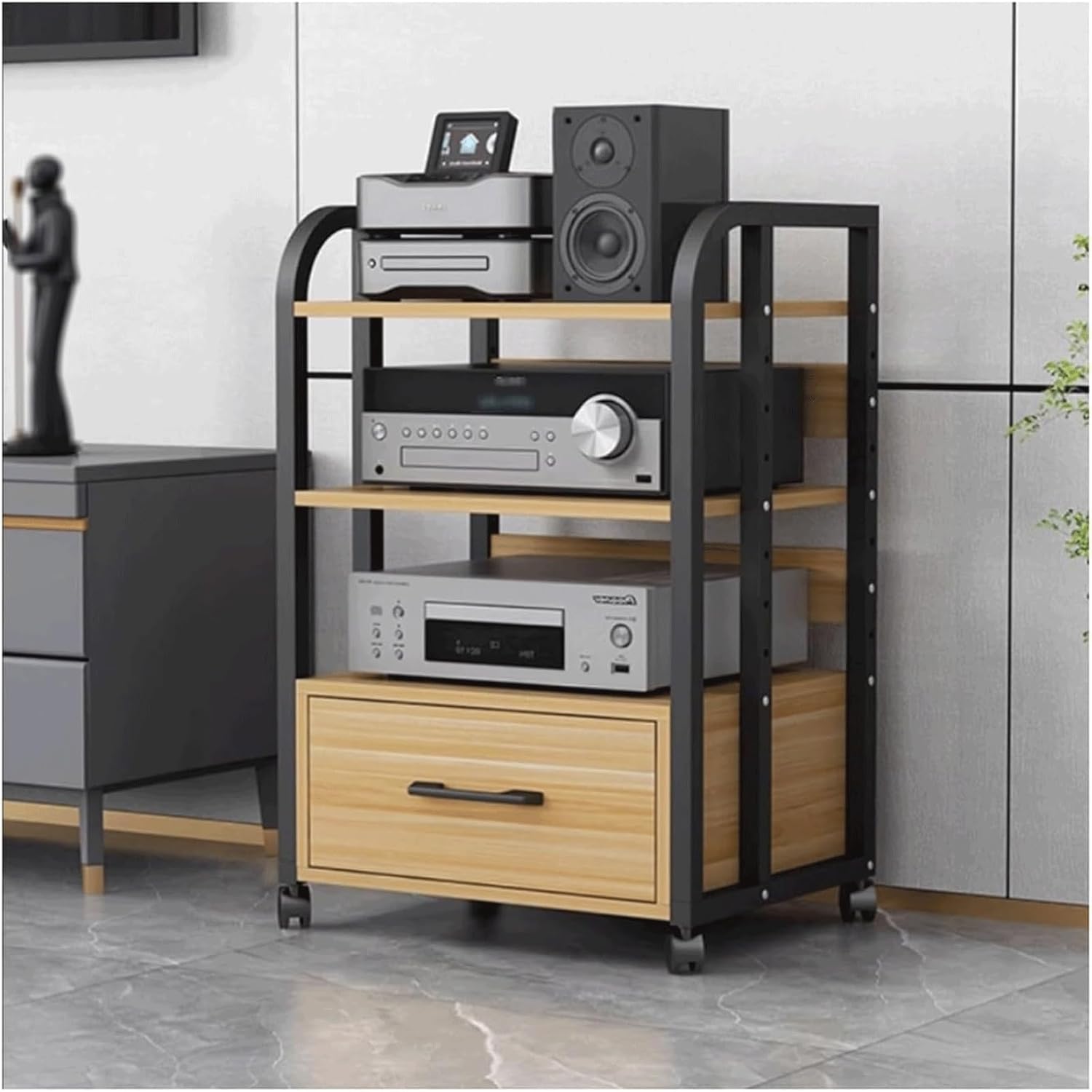 PZEOB Wood Stereo Stands AV Media Stand with Drawer Audio Rack Tower with Adjustable Shelves Audio-Video Shelving 2/3/4 Tier Stereo Rack(Natural