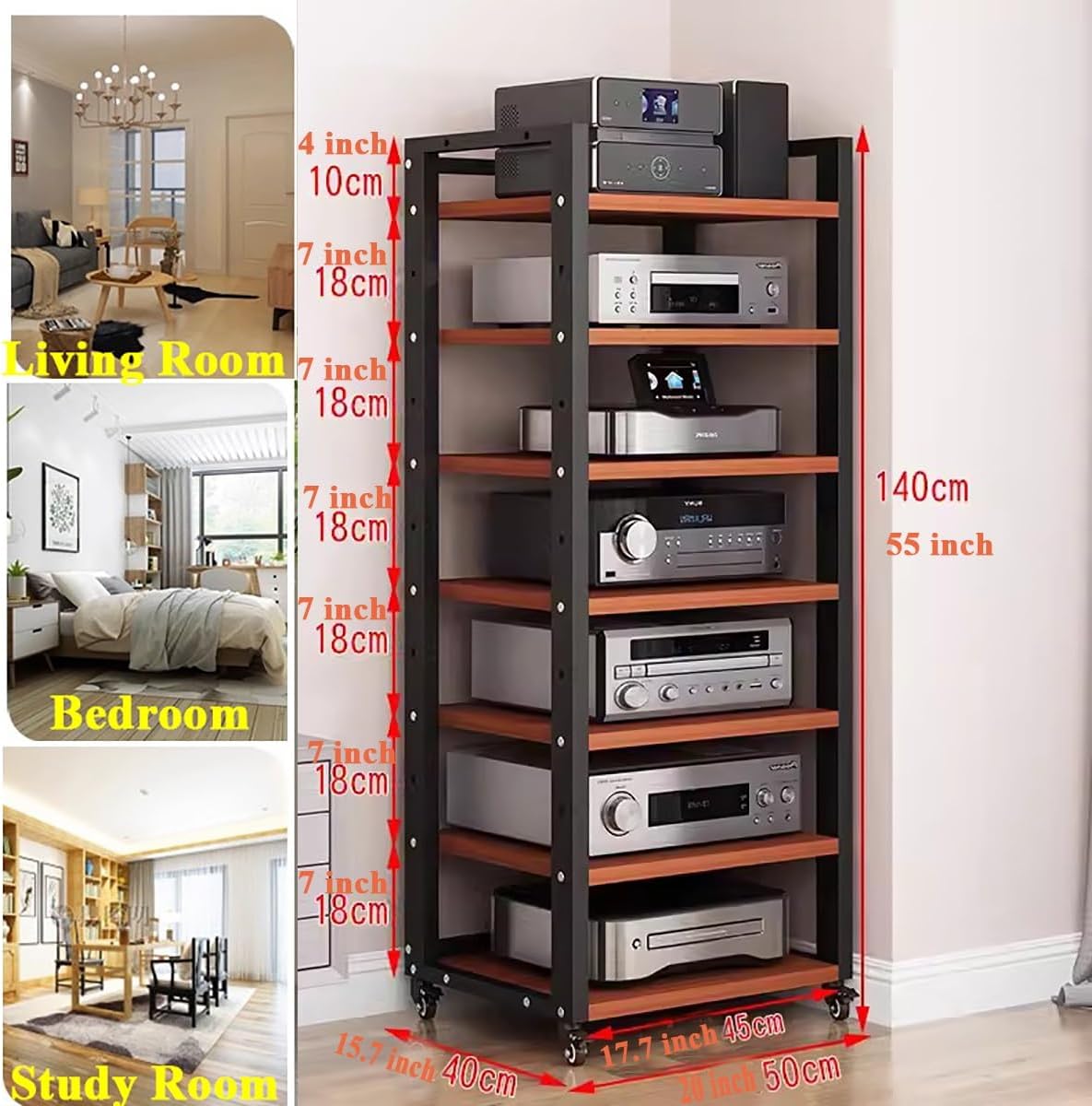 DLYZAYE Media Stand 7 Tier 55 Inch Tall Audio Equipment Rack Rolling Cart