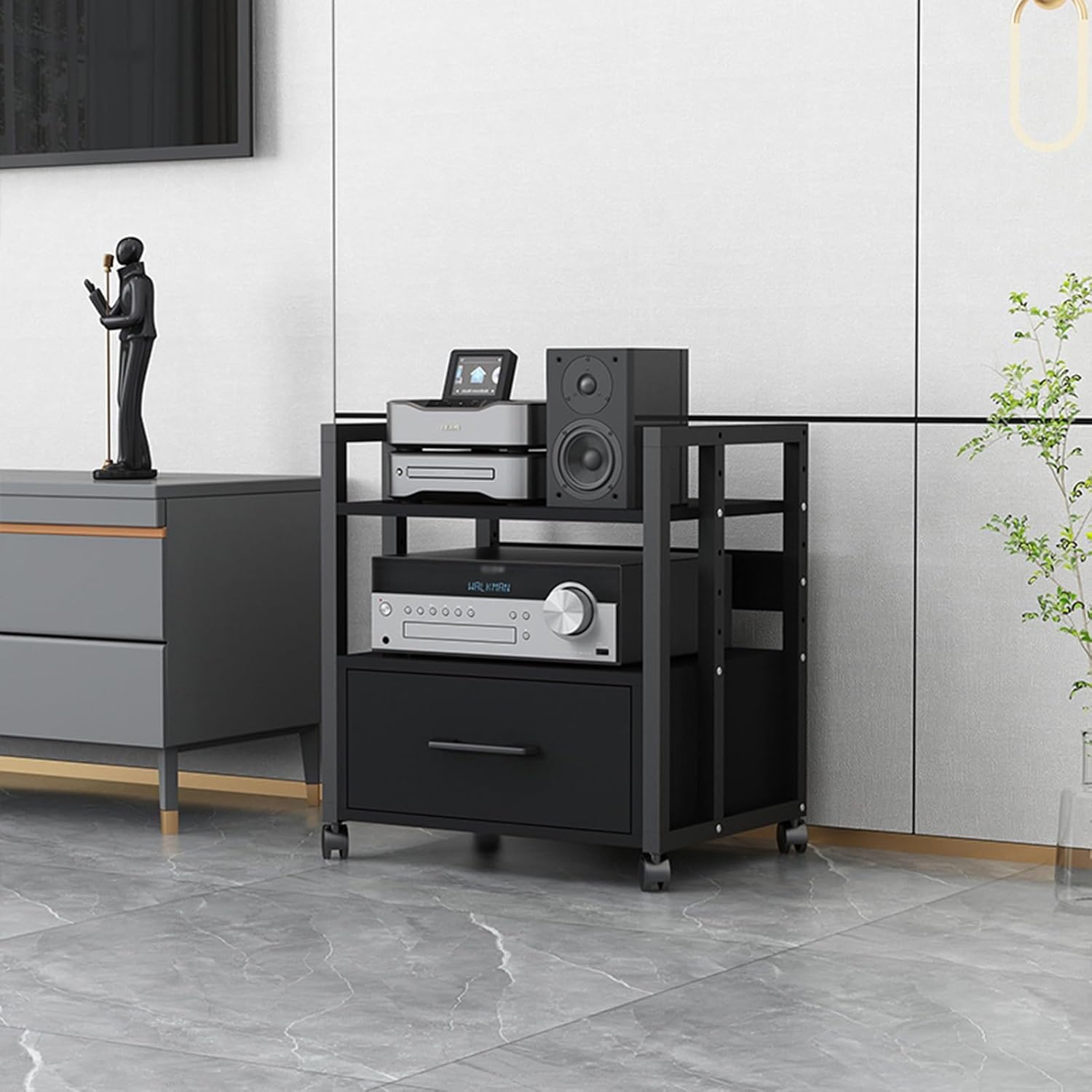 2/3/4-Tier Movable AV Media Stand Corner Shelf Record Player Stand Stereo Component Cabinet Audio Rack Tower with Height Adjustable Wooden Shelves and Drawer for Home/Office/Theater (Color : A