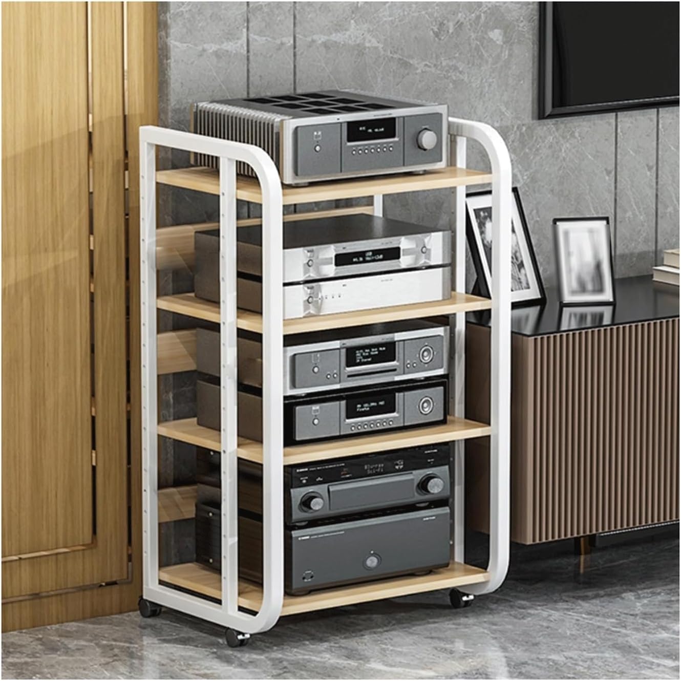 XMFBSY Medios Record Player Stand with Wheels Adjustable Audio-Video Shelving Modern AV Media Stand Entertainment Stereo Component Cabinet for Game Consoles Organizer(White